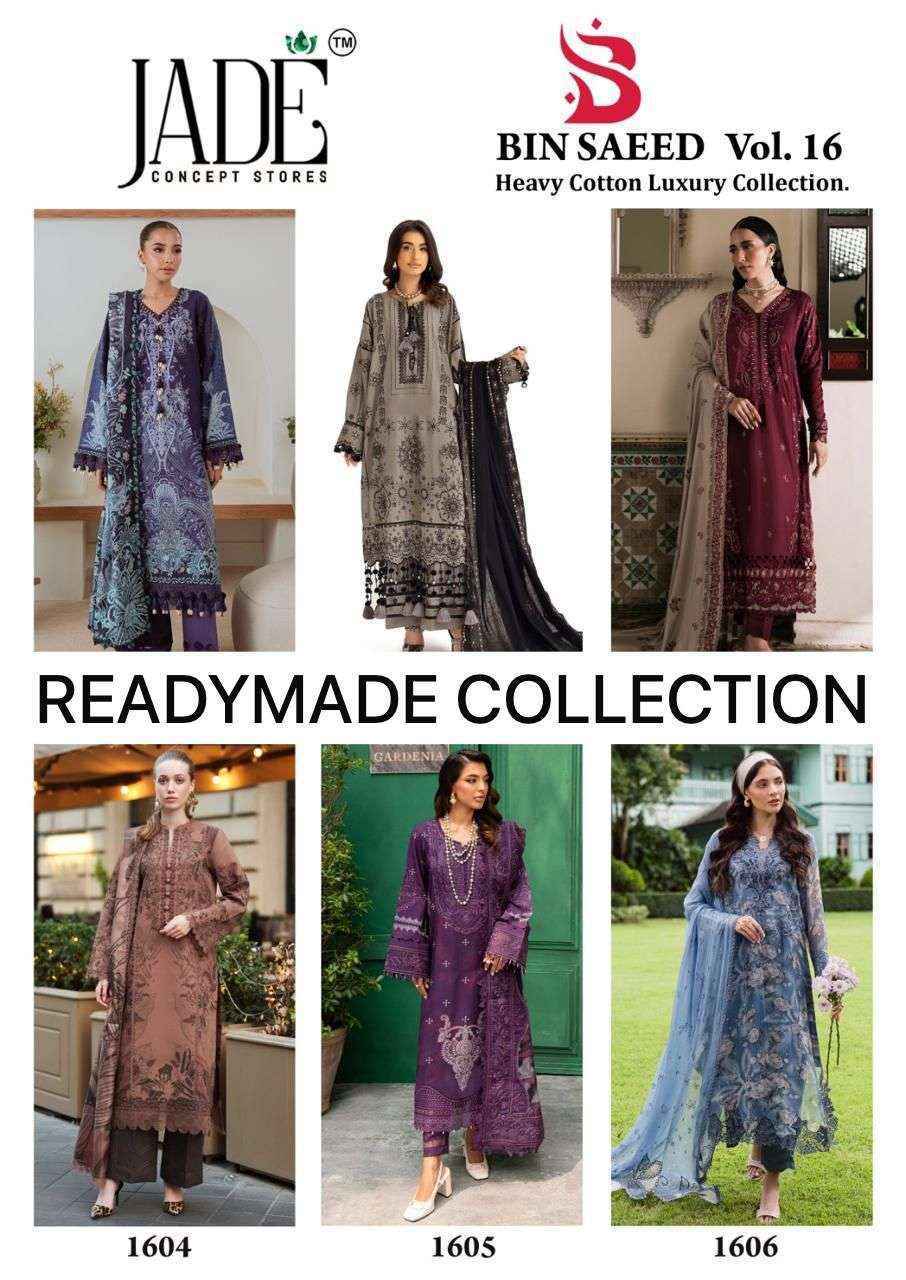 Jade Bin Saeed Heavy Luxury Vol 16 Readymade Lawn Cotton Dress Wholesale Rate ( 6 Pcs Catalog )
