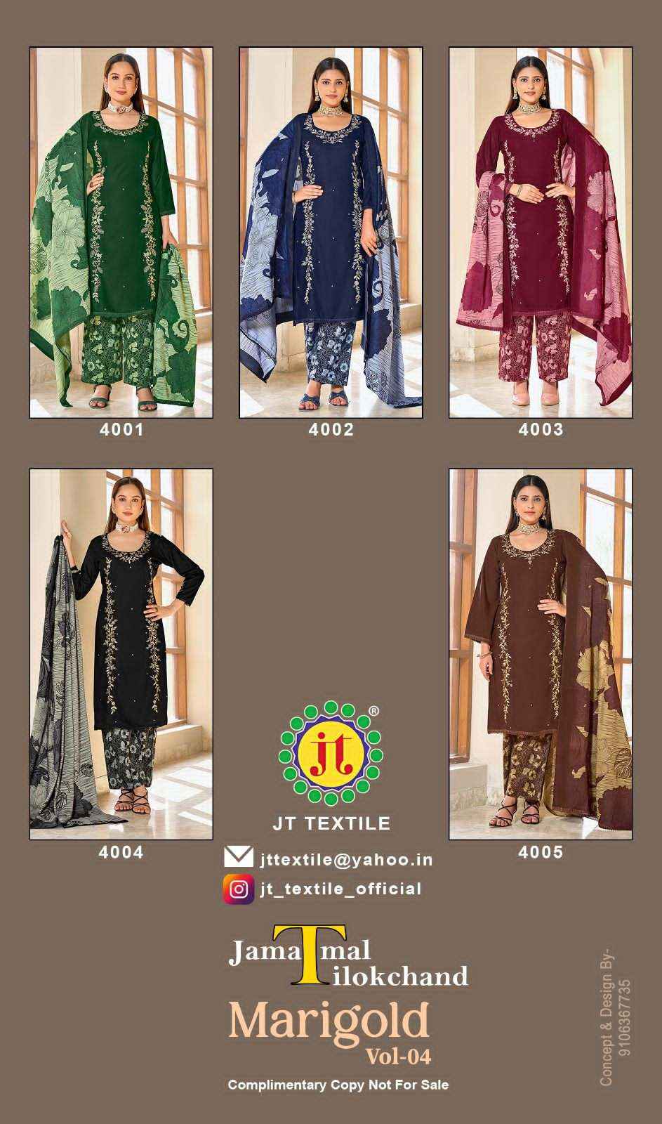Jt Marigold Vol 4 Fancy Rayon Dress Material Surat Wholesale Online Shop ( 5 Pcs Catalog )