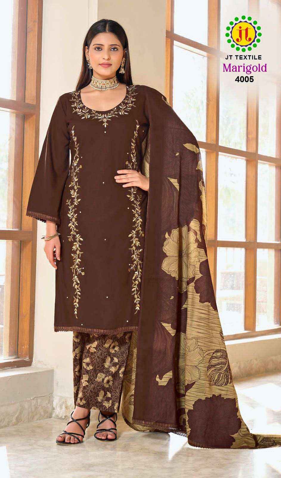 Jt Marigold Vol 4 Fancy Rayon Dress Material Surat Wholesale Online Shop ( 5 Pcs Catalog )