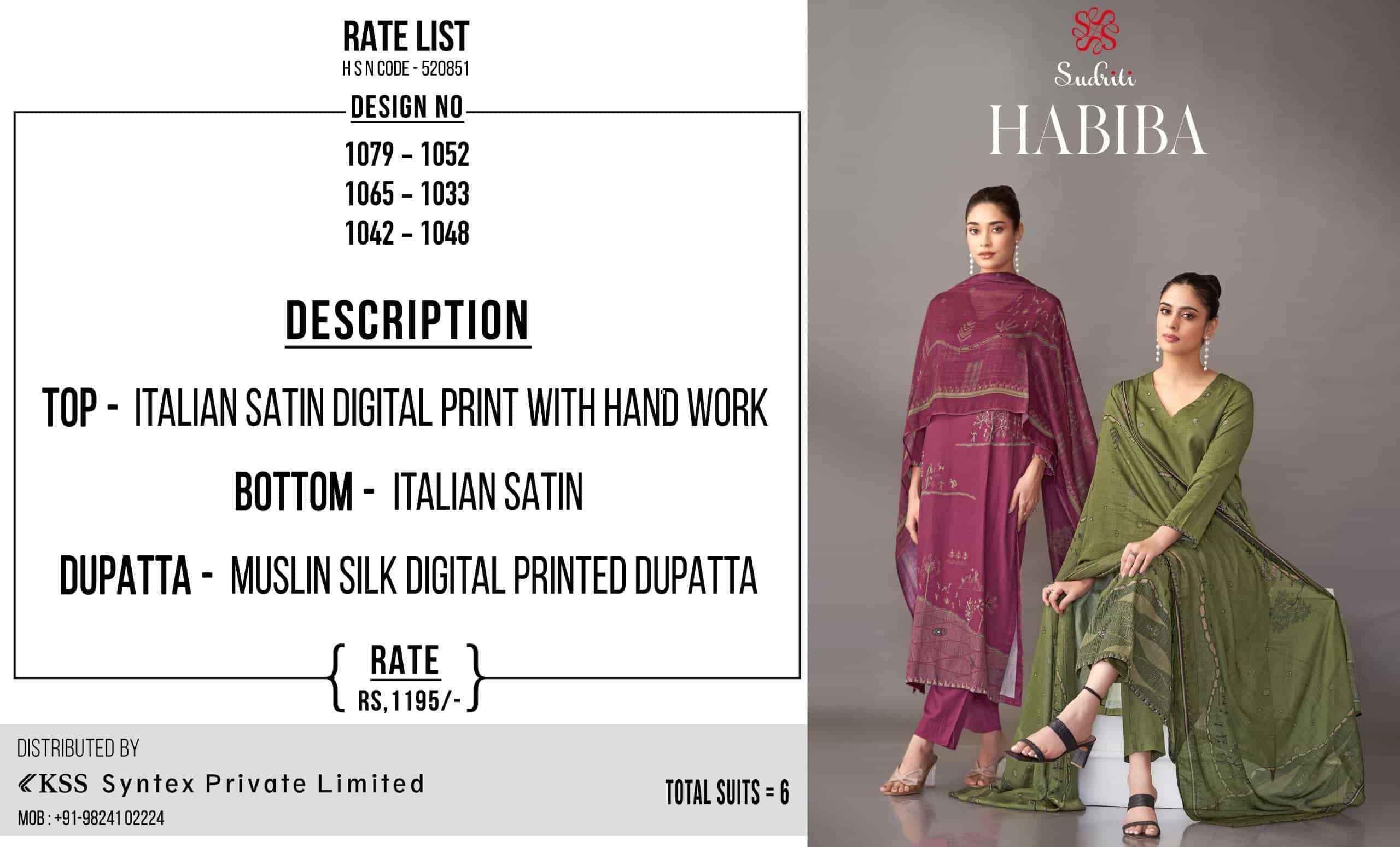 Sudriti Habiba Italian Satin Salwar Kameez Wholesale Rate ( 6 Pcs Catalog )