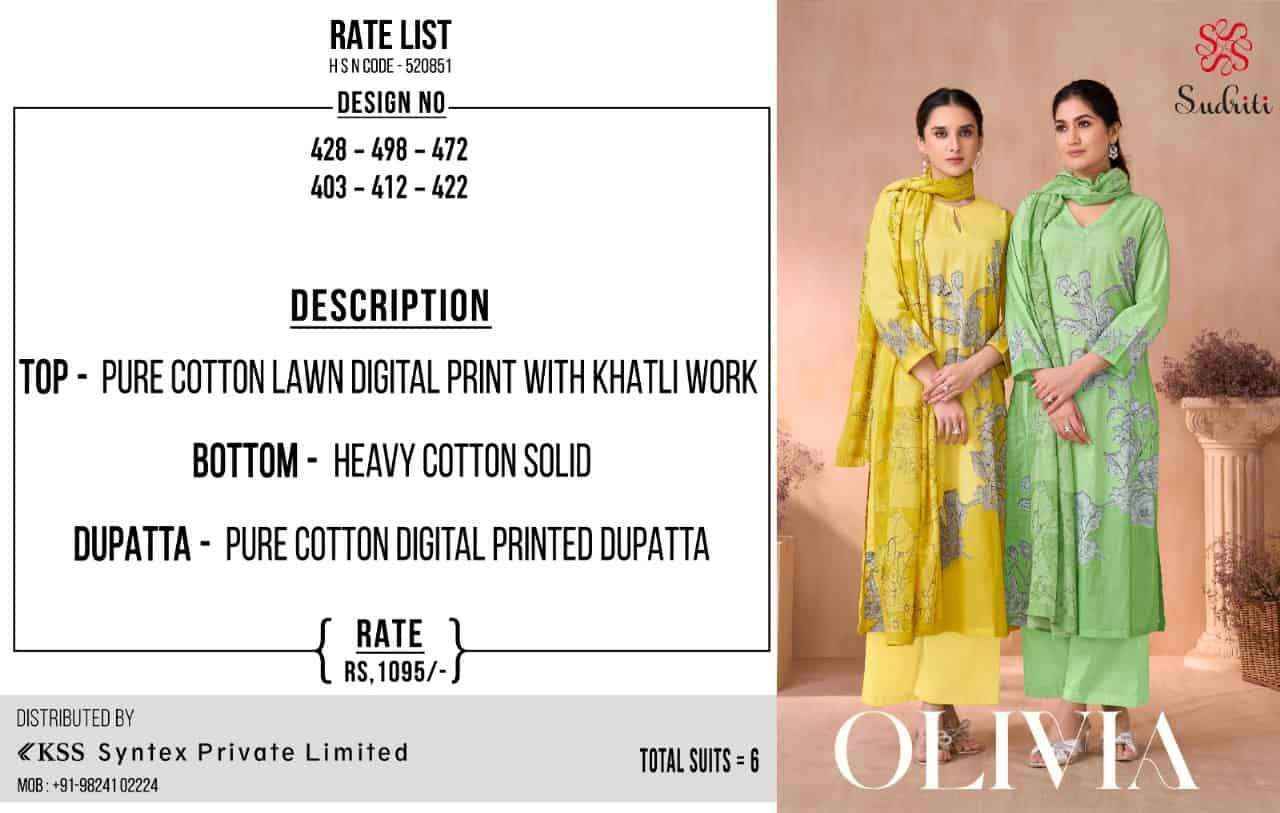 Sudriti Olivia Cotton Salwar Kameez Wholesale Rate ( 6 Pcs Catalog )