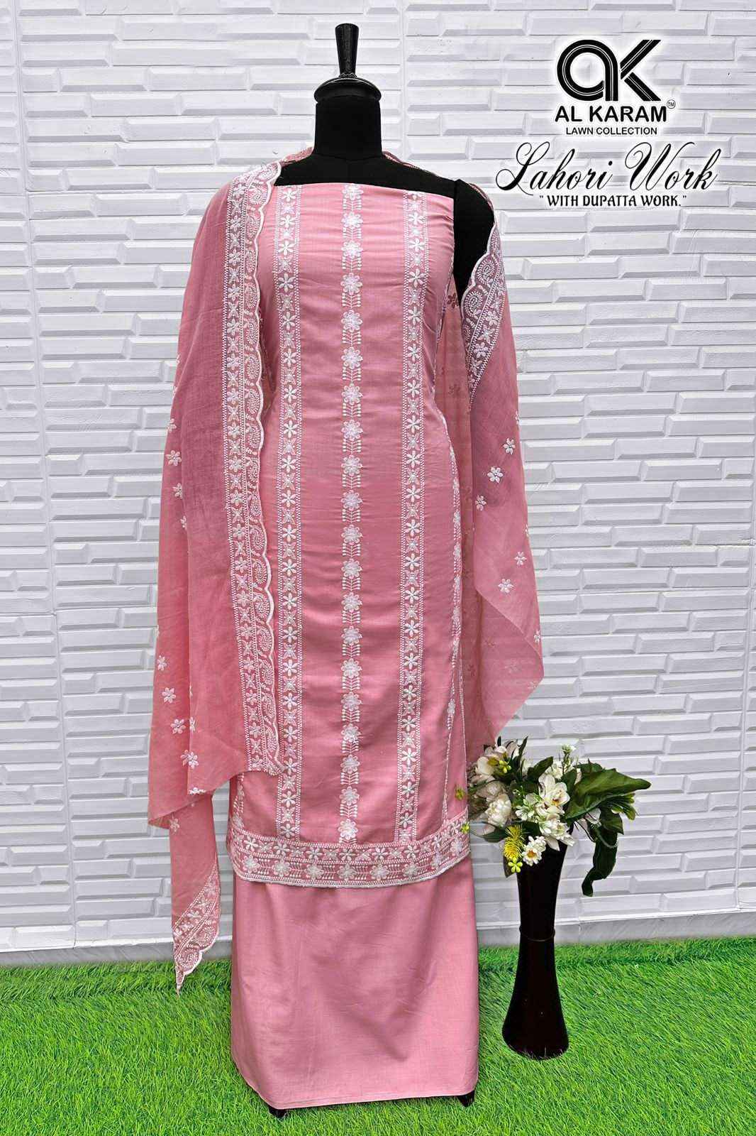 Al Karam Lahori Work Pure Cotton Dress Material Surat Kapda Wholesaler ( 4 Pcs Catalog )