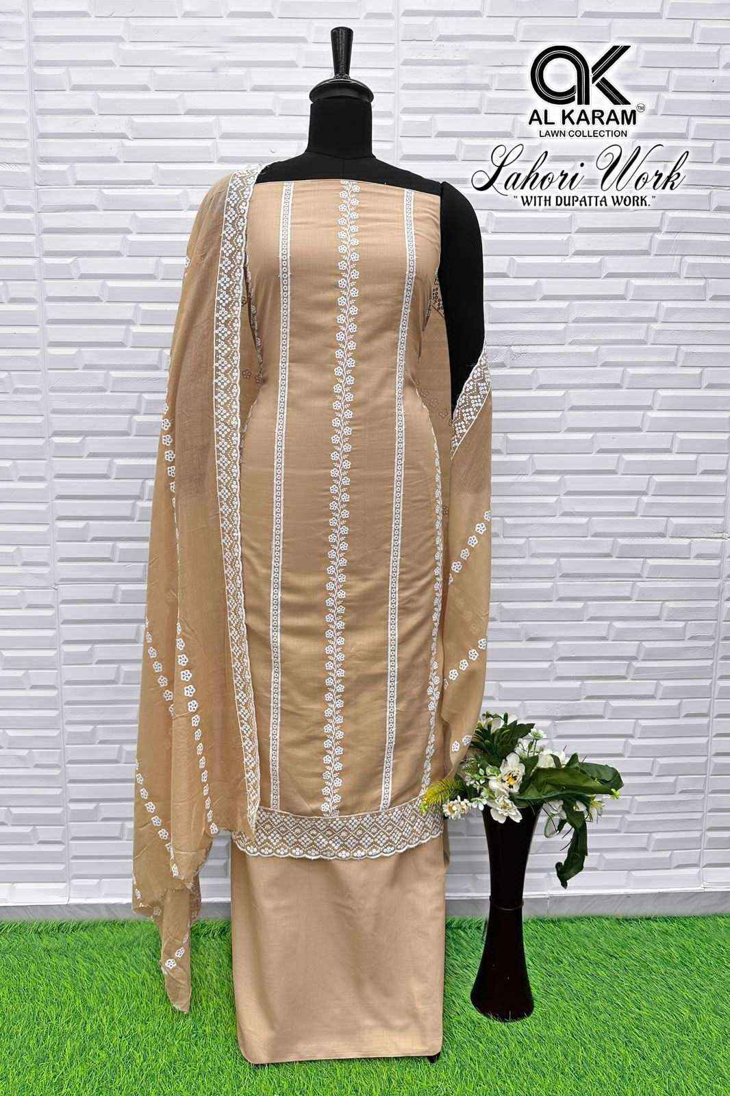 Al Karam Lahori Work Pure Cotton Dress Material Surat Kapda Wholesaler ( 4 Pcs Catalog )