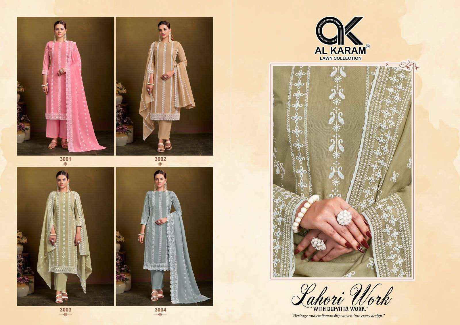 Al Karam Lahori Work Pure Cotton Dress Material Surat Kapda Wholesaler ( 4 Pcs Catalog )