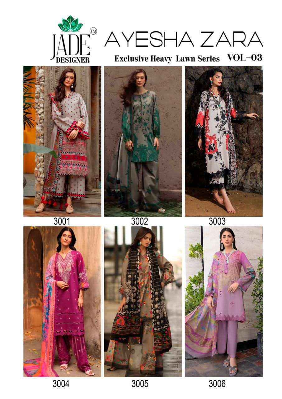 Jade Ayesha Zara Vol 3 Heavy Lawn Cotton Pakistani Dress Material Wholesale ( 6 Pcs Set )