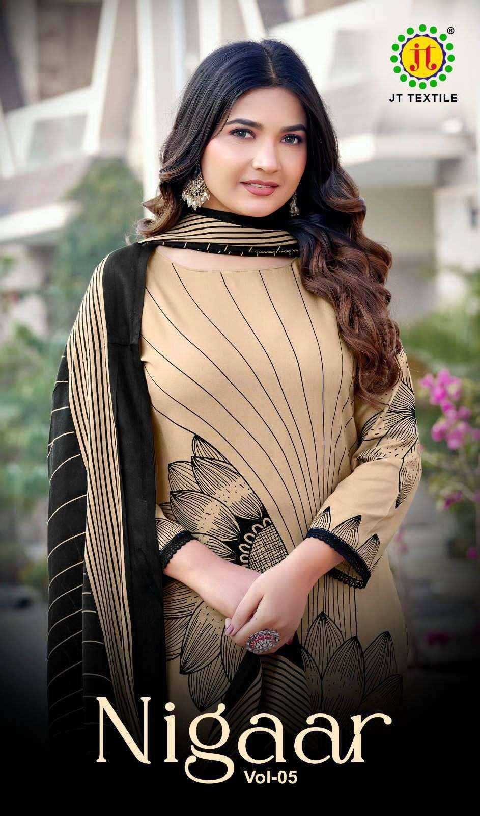 Jt Nigaar Vol 5 Premium Wear Rayon Dress Material Wholesale Price ( 5 Pcs Catalogue )