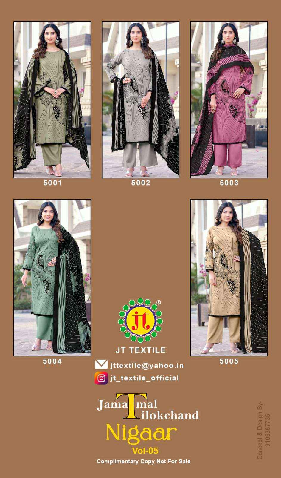 Jt Nigaar Vol 5 Premium Wear Rayon Dress Material Wholesale Price ( 5 Pcs Catalogue )