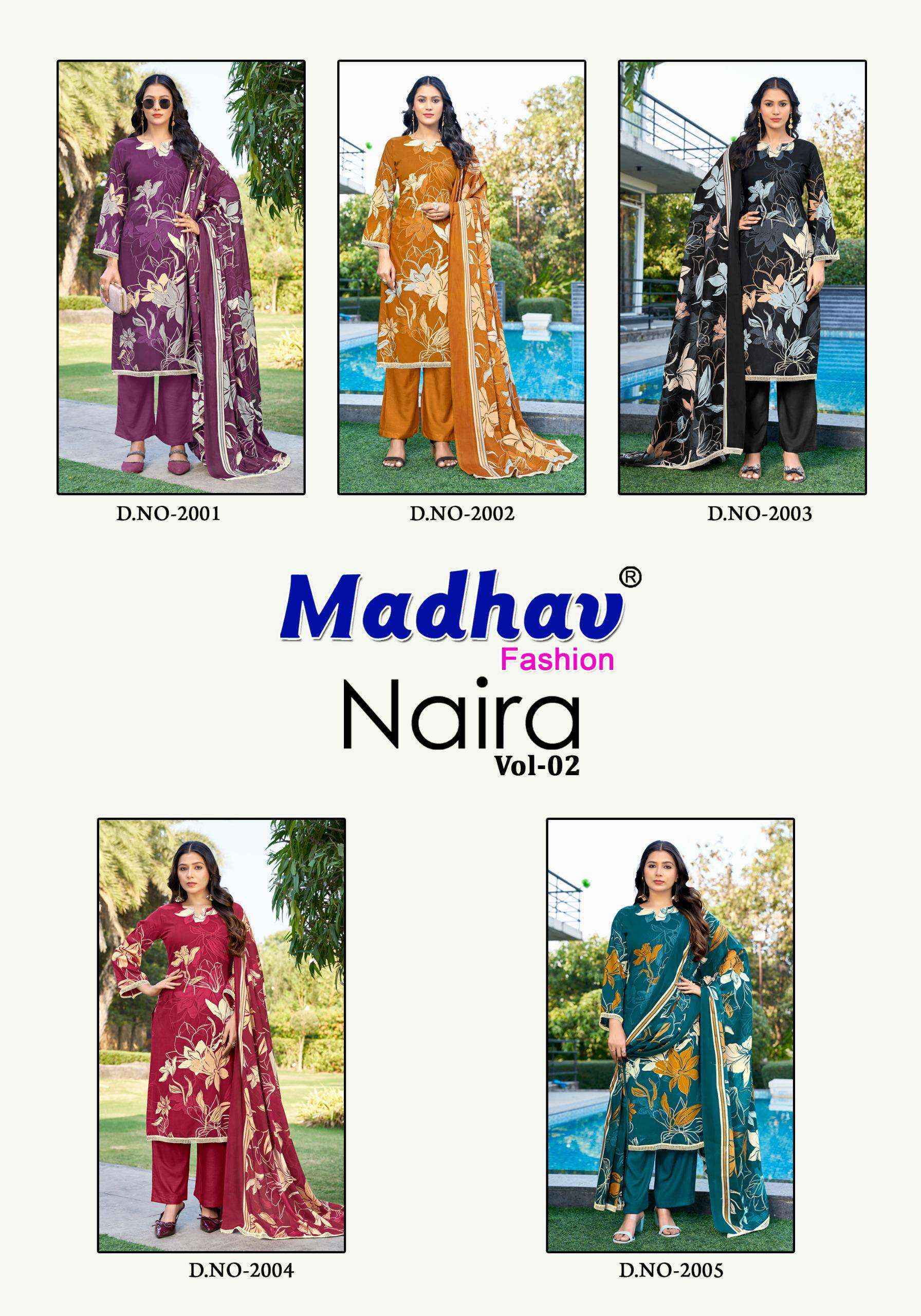 Madhav Fashion Naira Vol 2 Rayon Salwar Kameez Wholesale Rate ( 5 Pcs Catalog )