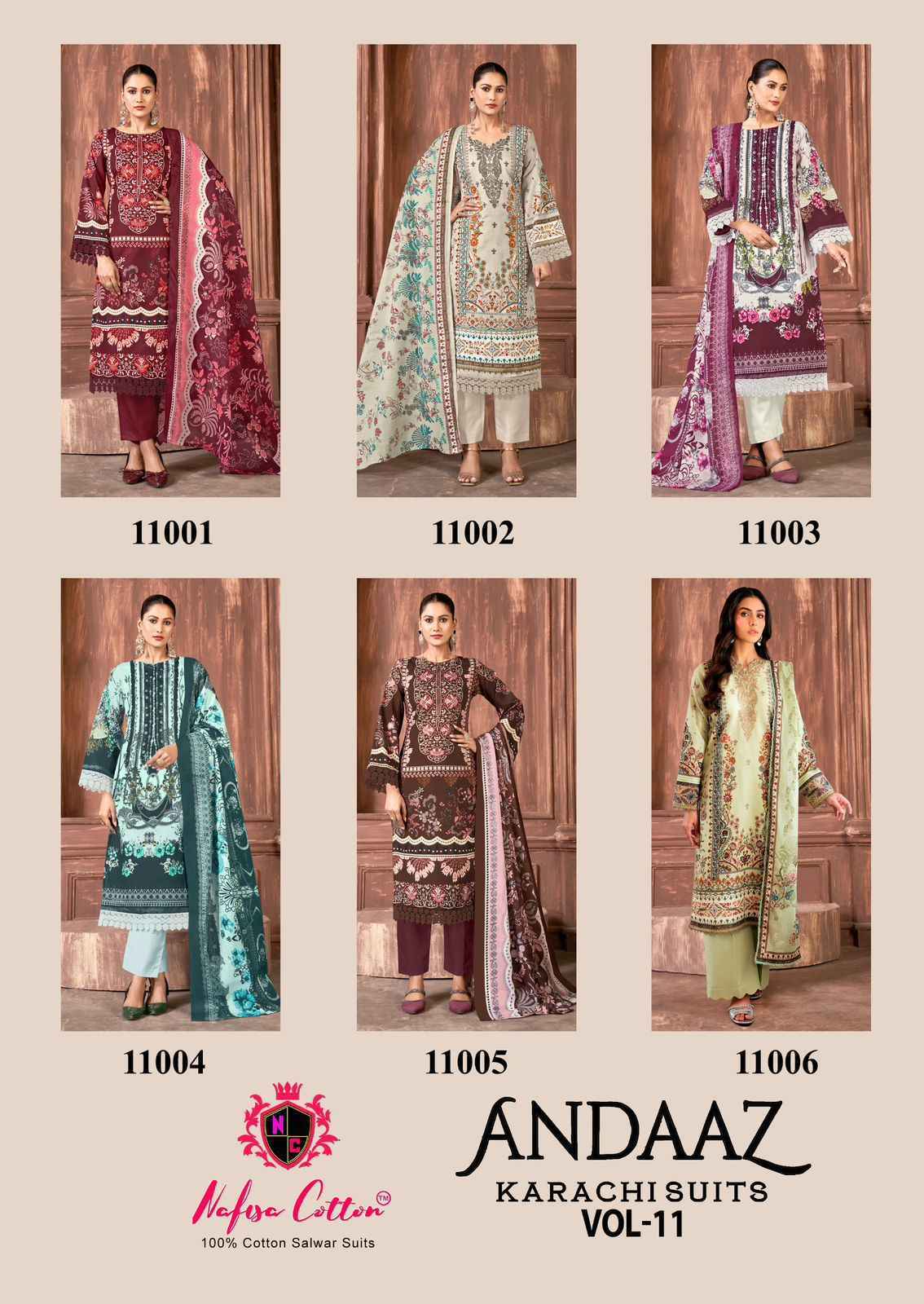 Nafisa Cotton Andaaz Karachi Suits Vol 11 Cotton Dress Material Wholesale Price ( 6 pcs Catalogue )