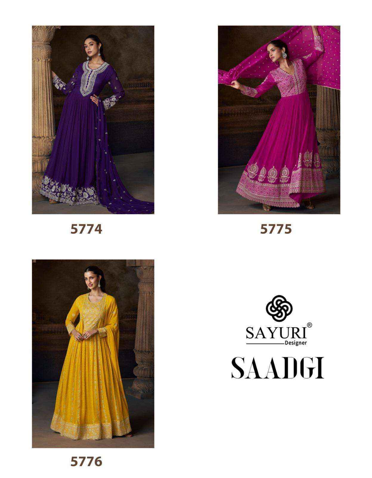 Sayuri Saadgi 5774 To 5776 Partywear Designer Gown Dupatta Set Suppliers