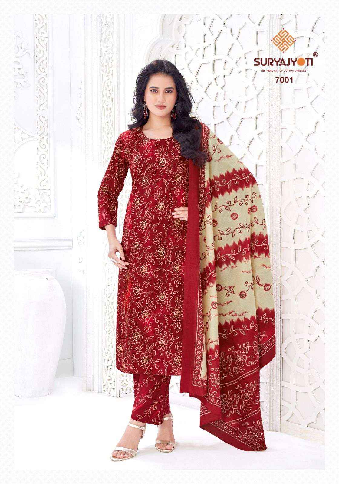 Suryajyoti Bandhani Lehariya Special Vol 7 Fancy Cotton 3 Piece Set Wholesale Rate ( 8 Pcs Catalog )