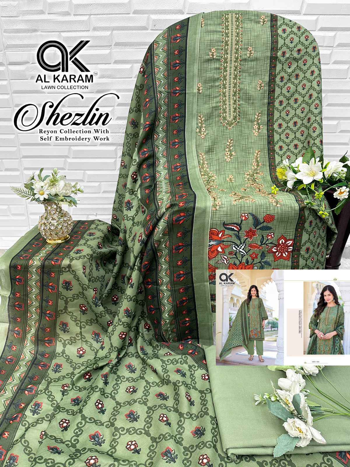 Al Karam Shezlin Reyon cotton Dress Material Wholesale Rate ( 6 Pcs Catalog )