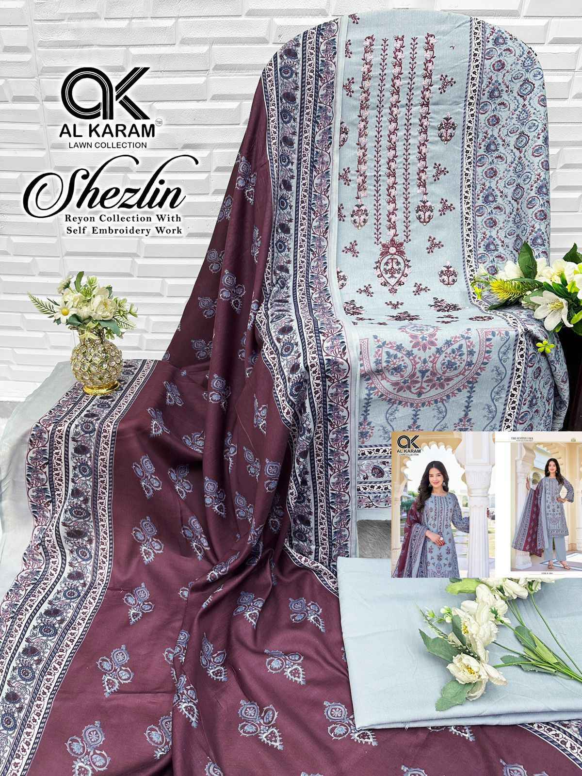 Al Karam Shezlin Reyon cotton Dress Material Wholesale Rate ( 6 Pcs Catalog )