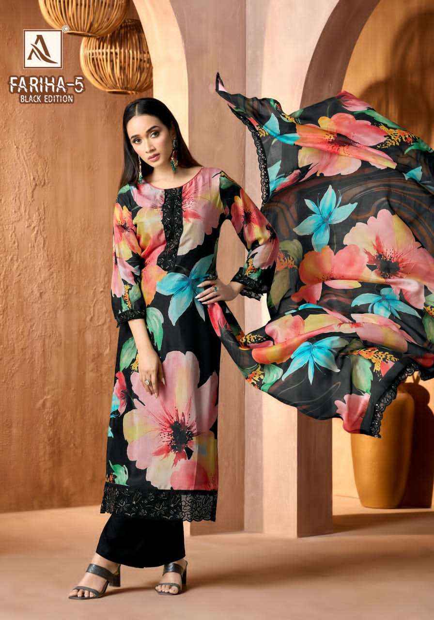 Alok Suit Fariha Black Edition 5 Digital Printed Muslin Dress Wholesale Rate ( 6 Pcs Catalog )