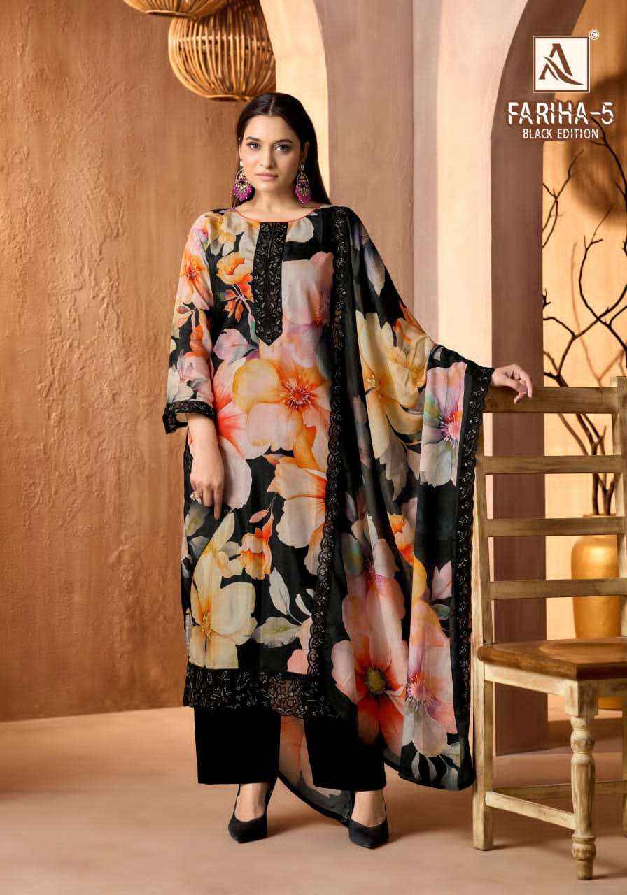 Alok Suit Fariha Black Edition 5 Digital Printed Muslin Dress Wholesale Rate ( 6 Pcs Catalog )