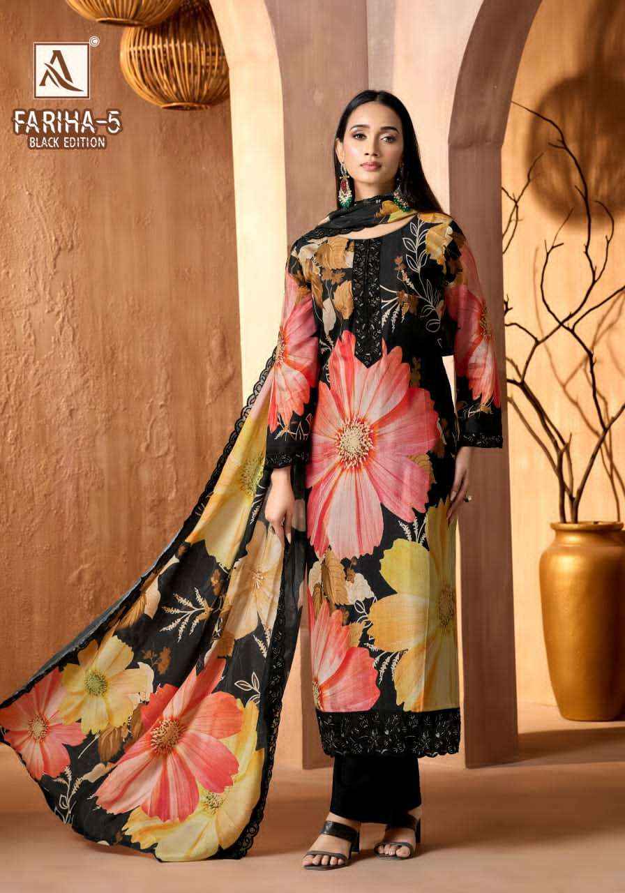 Alok Suit Fariha Black Edition 5 Digital Printed Muslin Dress Wholesale Rate ( 6 Pcs Catalog )