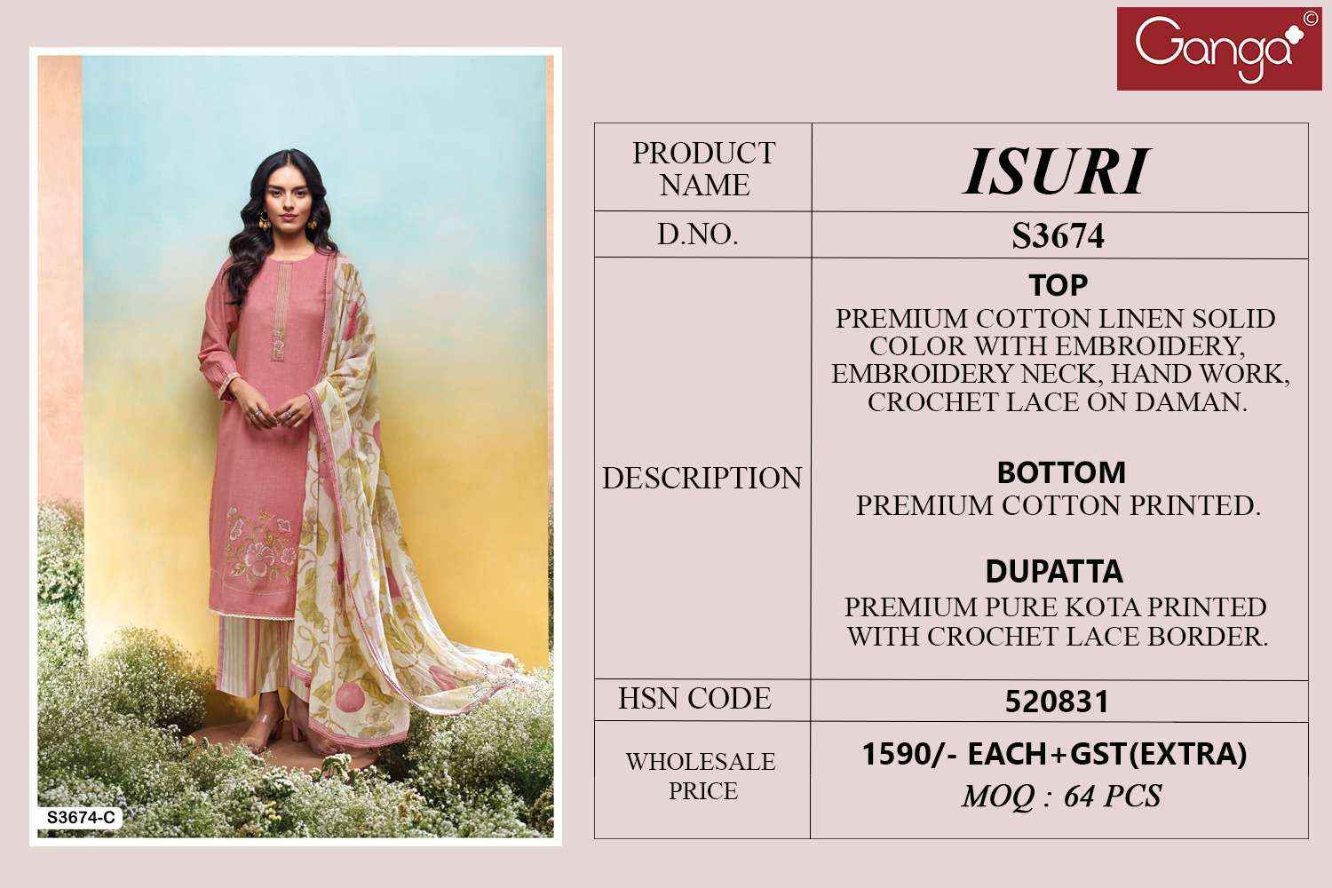 Ganga Fashion Isuri 3674 Premium Cotton Linen Suit Summer Wholesale Rate ( 4 Pcs Catalog )