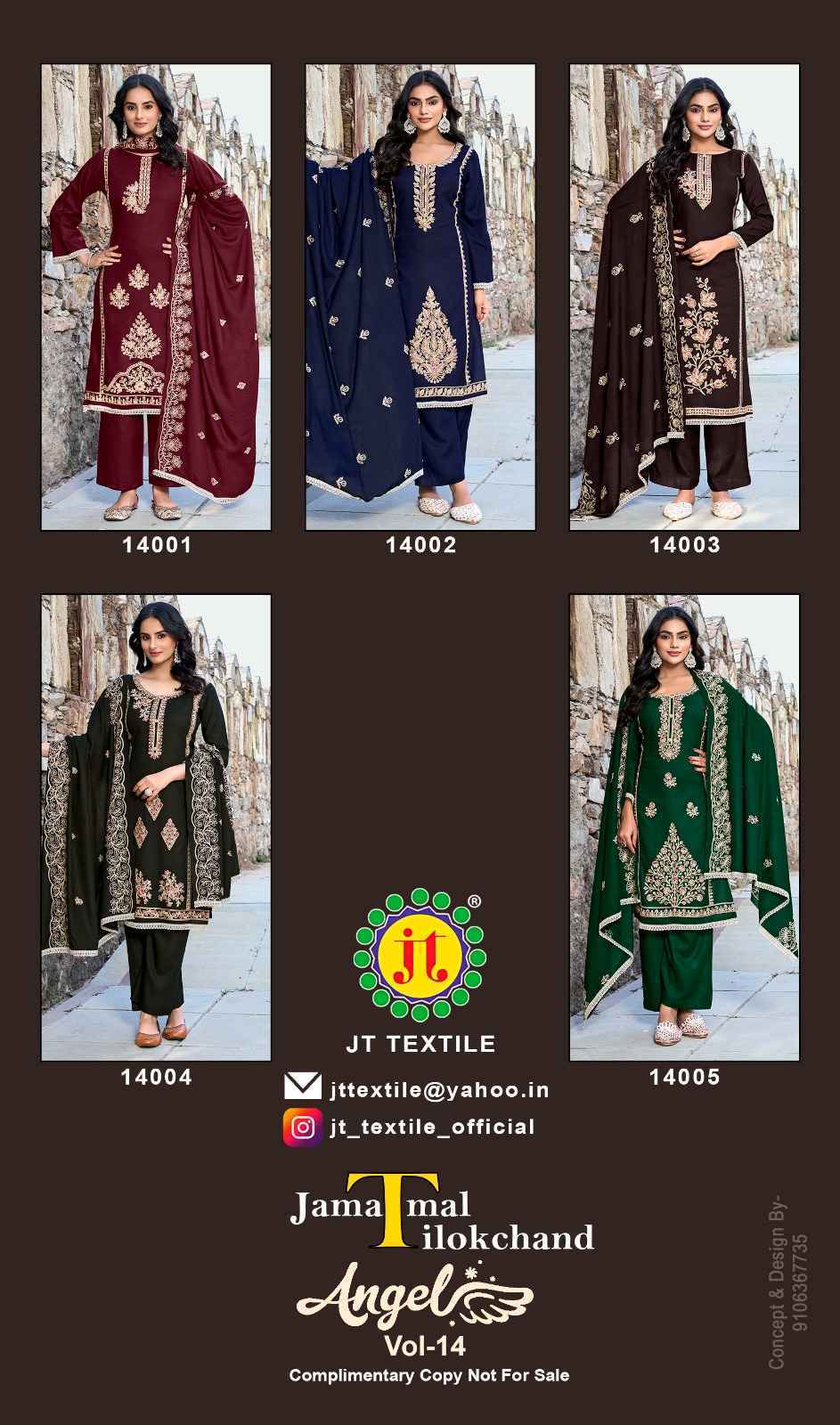 Jt Angel Vol 14 Rayon Salwar Kameez Wholesale Rate ( 5 Pcs Catalog )