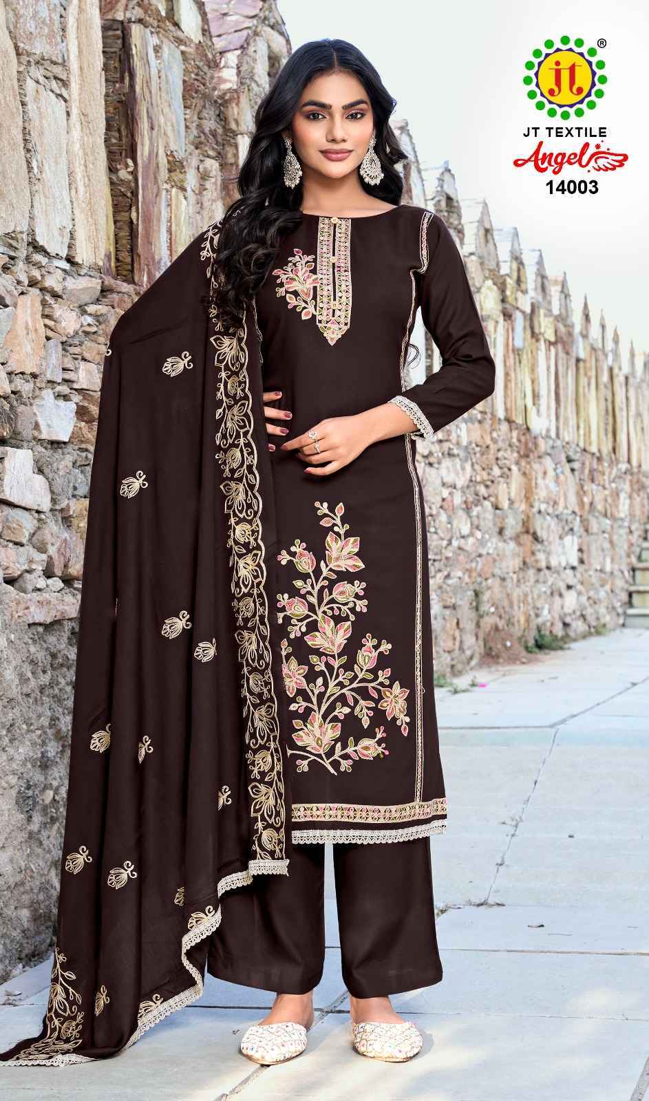 Jt Angel Vol 14 Rayon Salwar Kameez Wholesale Rate ( 5 Pcs Catalog )