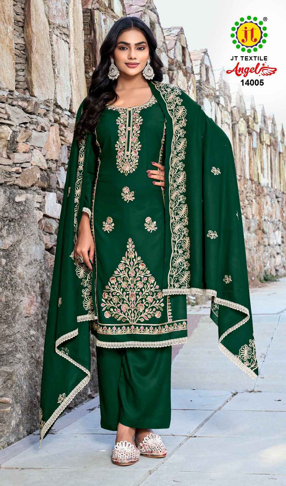Jt Angel Vol 14 Rayon Salwar Kameez Wholesale Rate ( 5 Pcs Catalog )