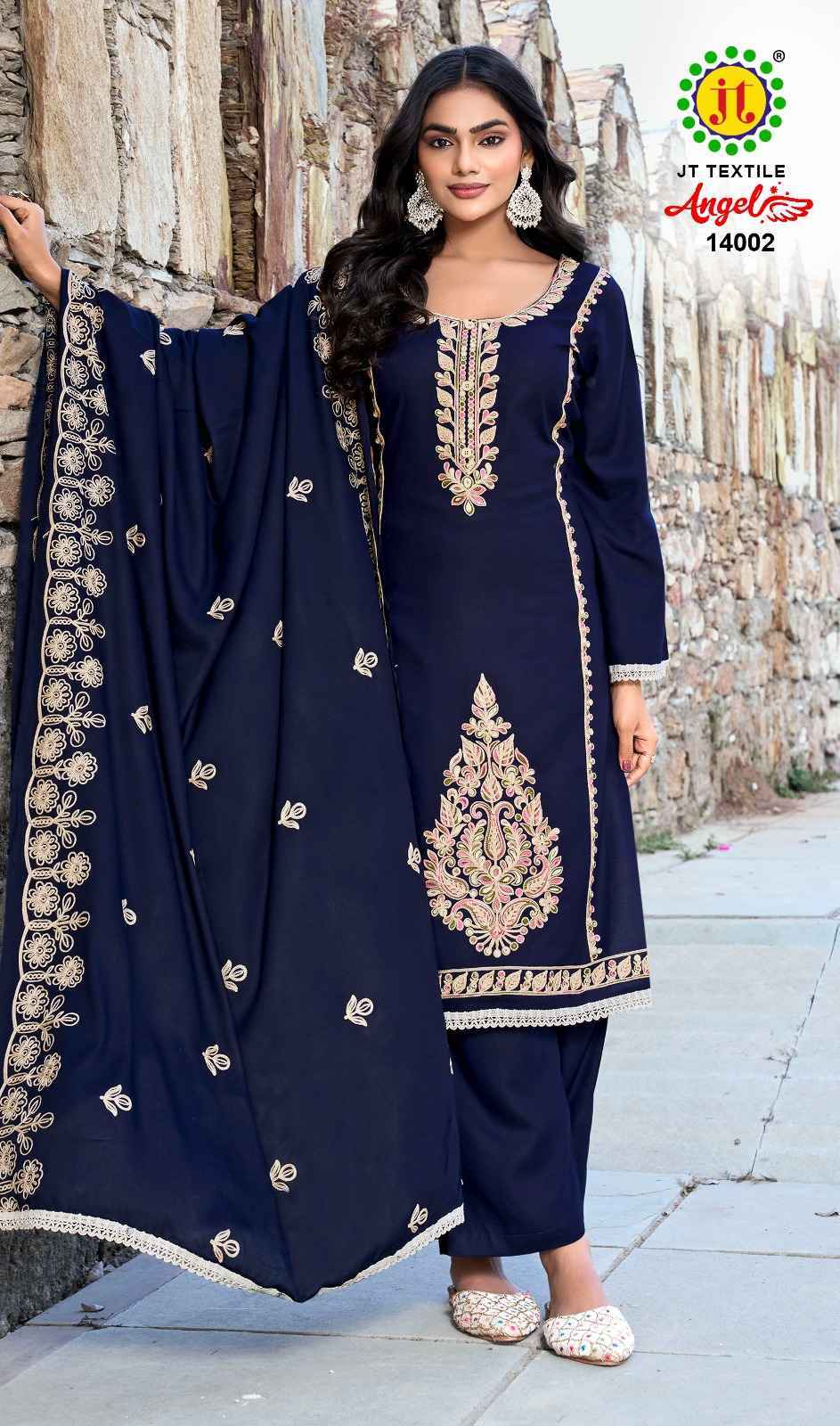 Jt Angel Vol 14 Rayon Salwar Kameez Wholesale Rate ( 5 Pcs Catalog )