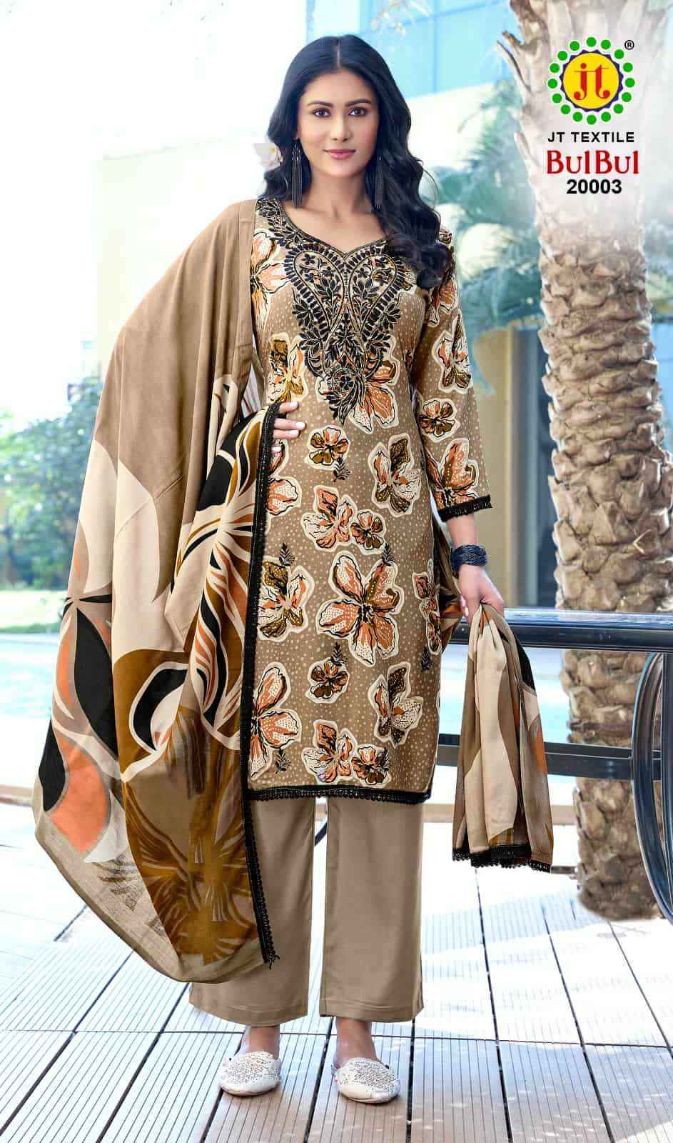 Jt Bulbul Vol 20 Fancy Work Rayon Ladies Salwar Kameez Wholesale Rate ( 5 Pcs Catalog )