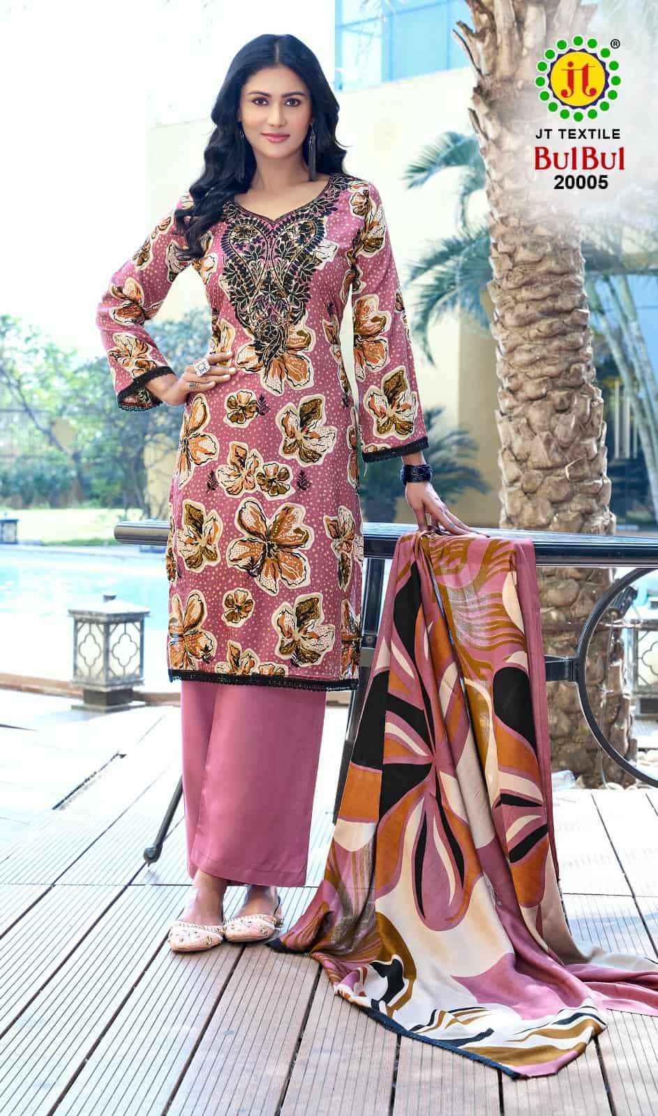 Jt Bulbul Vol 20 Fancy Work Rayon Ladies Salwar Kameez Wholesale Rate ( 5 Pcs Catalog )