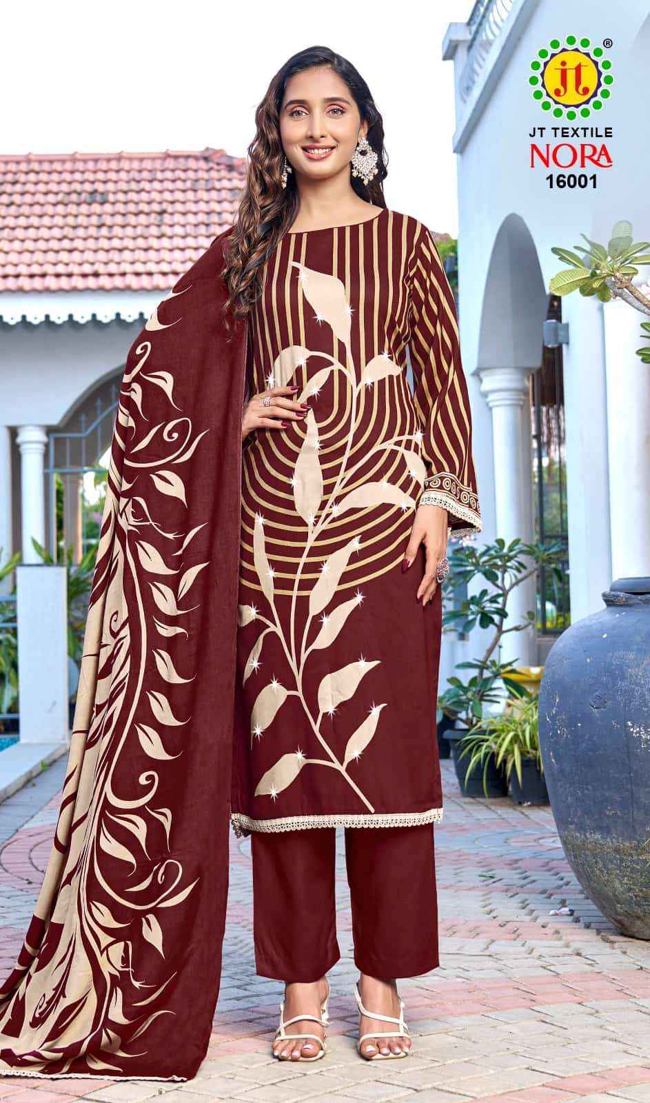 Jt Nora Vol 16 Designer Print Fancy Rayon Suit Salwar Kameez Wholesale Rate ( 5 Pcs Catalog )