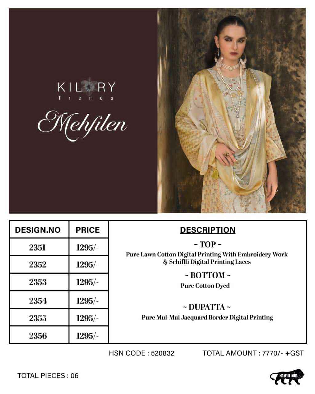 Kilory Mehfilen Pure Lawn Cotton Dress Material Wholesale Price ( 6 Pcs Catalogue )