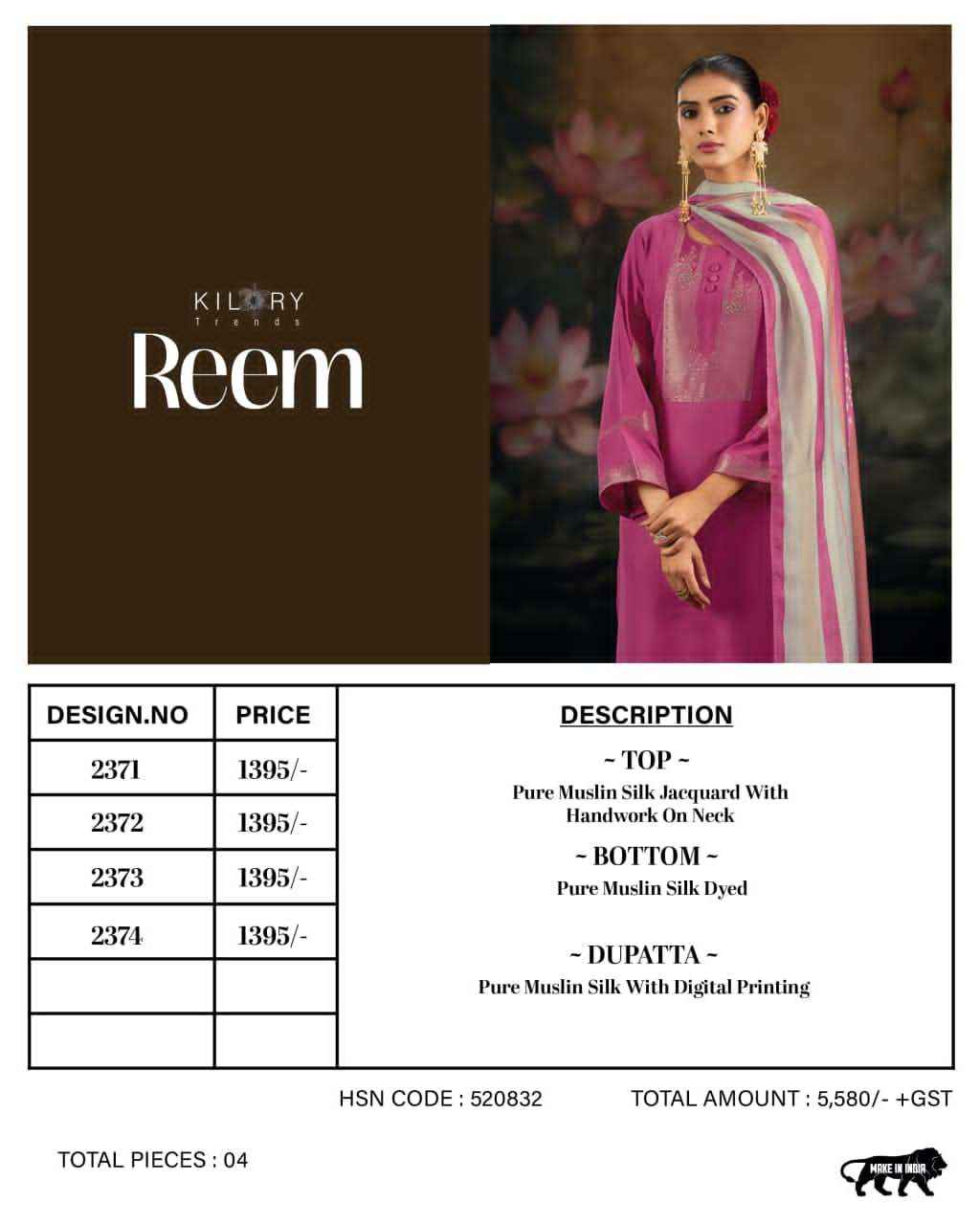 Kilory Trends Reem Pure Muslin Silk Dress Material Surat Market Wholesale ( 4 Pcs Catalogue )