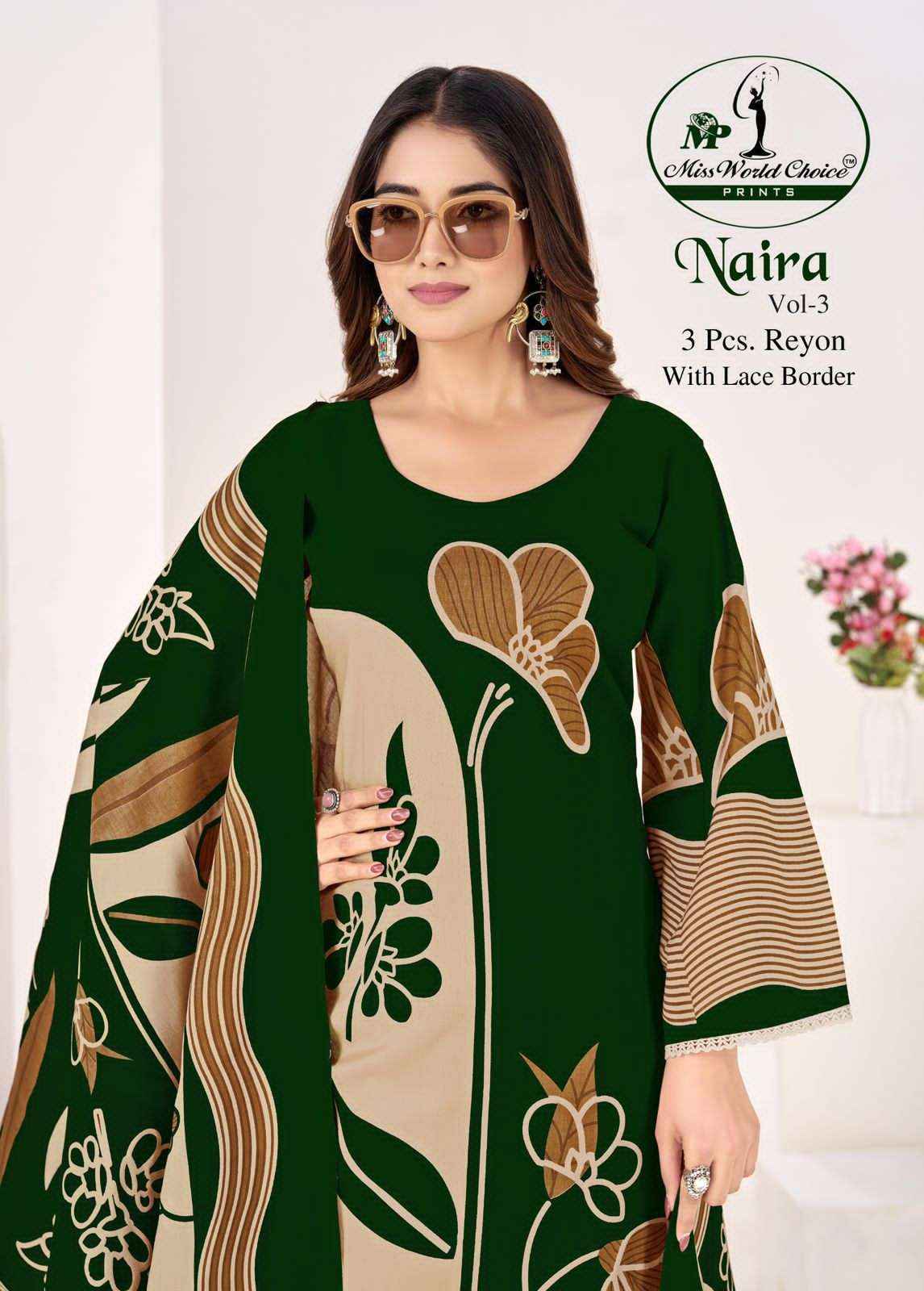 Miss World Choice Naira Vol 3 Fancy Rayon Suit Wholesale Price ( 5 Pcs Catalogue )