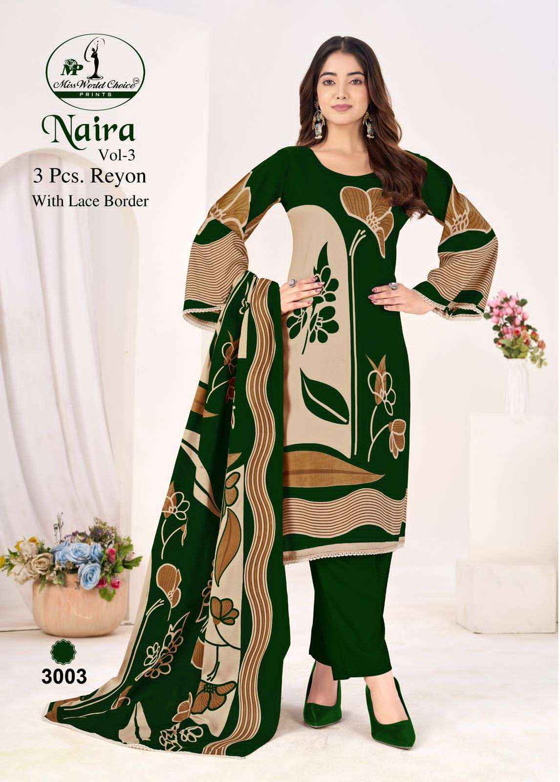 Miss World Choice Naira Vol 3 Fancy Rayon Suit Wholesale Price ( 5 Pcs Catalogue )