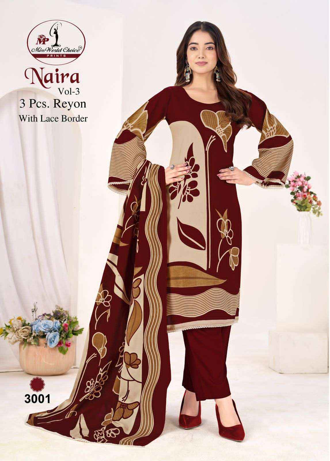 Miss World Choice Naira Vol 3 Fancy Rayon Suit Wholesale Price ( 5 Pcs Catalogue )