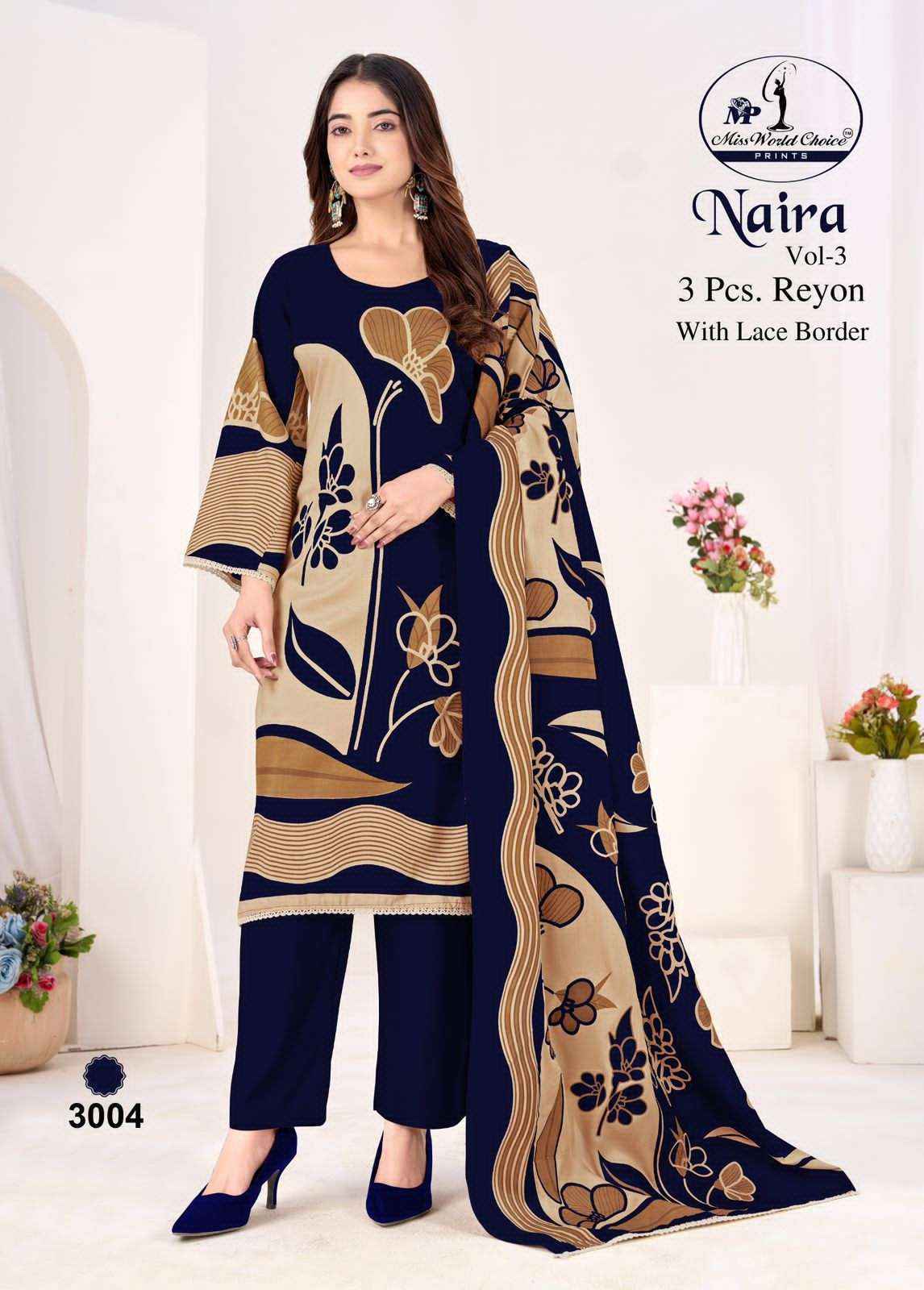 Miss World Choice Naira Vol 3 Fancy Rayon Suit Wholesale Price ( 5 Pcs Catalogue )