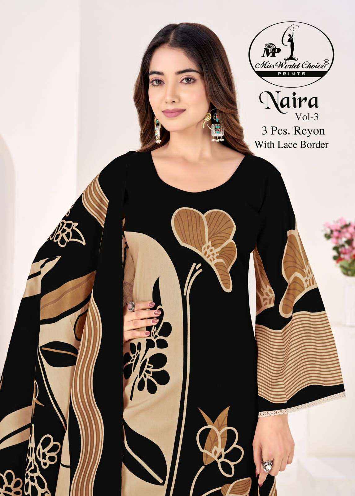Miss World Choice Naira Vol 3 Fancy Rayon Suit Wholesale Price ( 5 Pcs Catalogue )