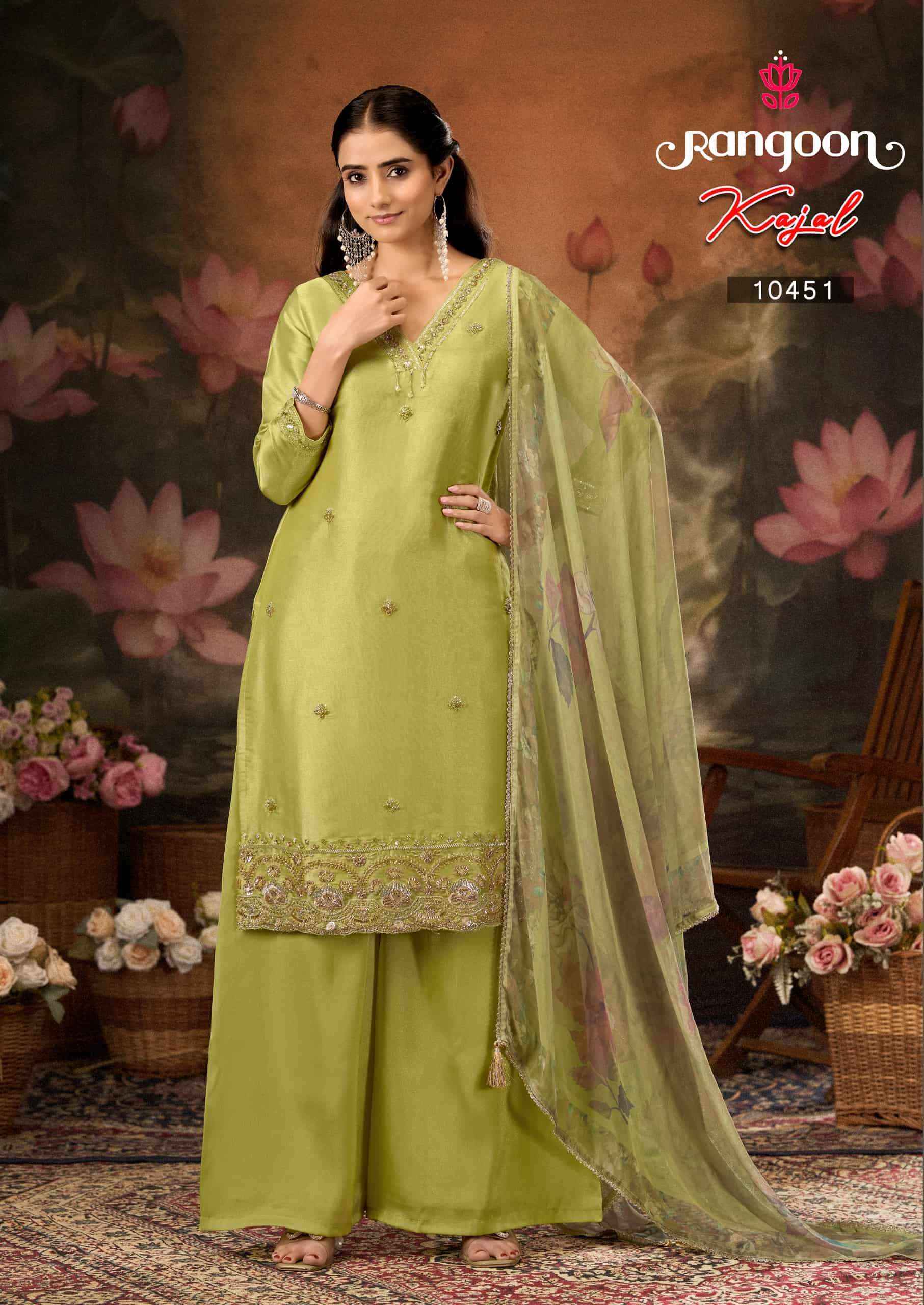 Rangoon Kajal Fancy 3 Piece Diver Palazzo Suit Wholesale Rate ( 4 Pcs Catalog )
