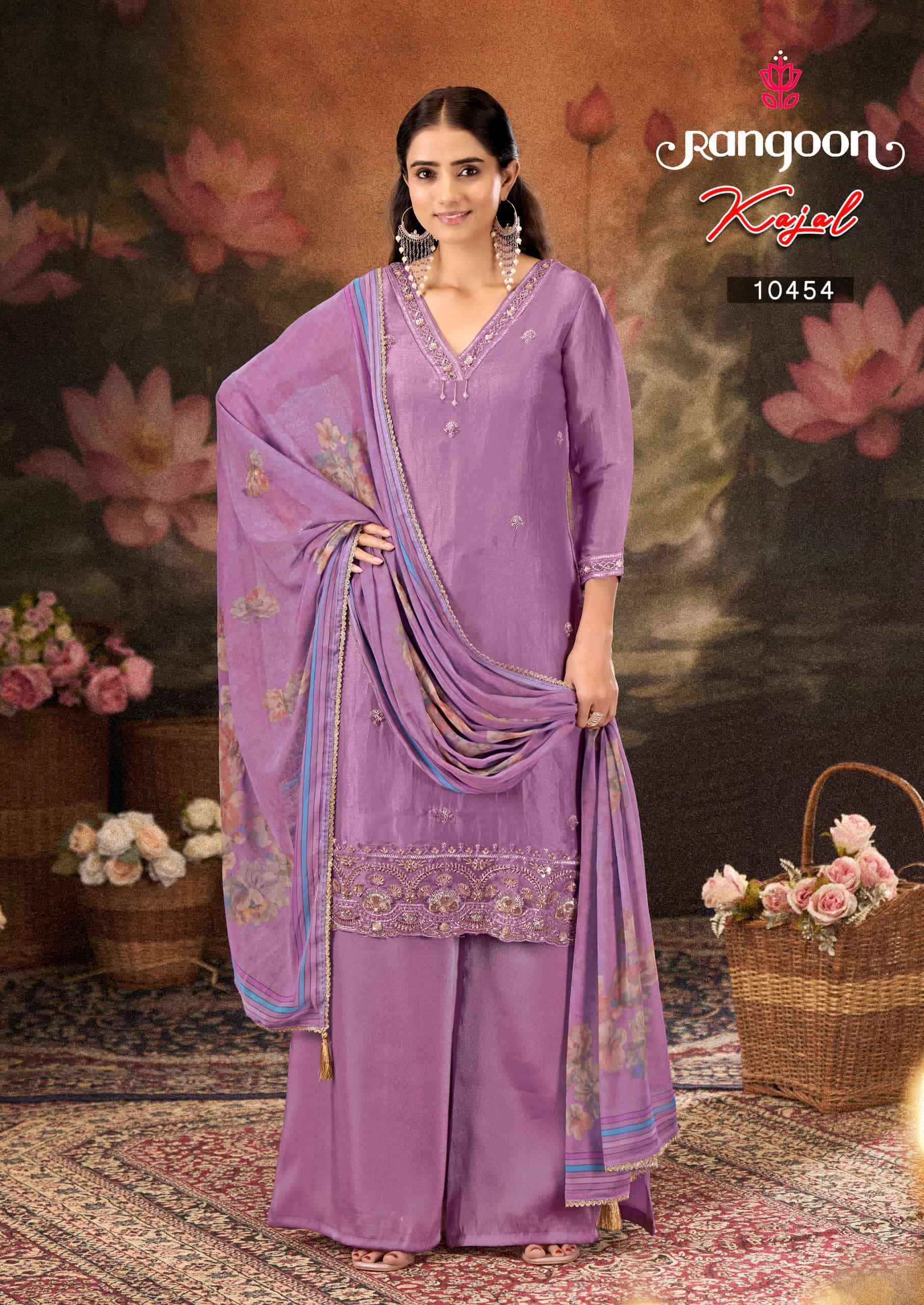 Rangoon Kajal Fancy 3 Piece Diver Palazzo Suit Wholesale Rate ( 4 Pcs Catalog )