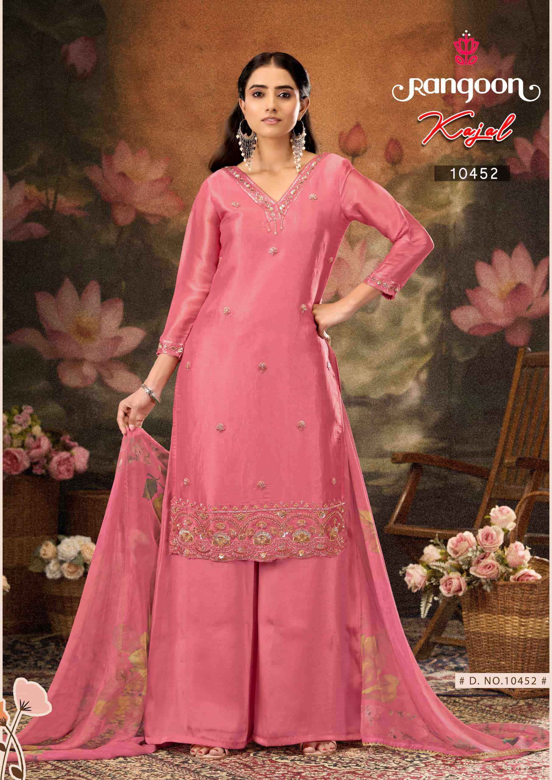 Rangoon Kajal Fancy 3 Piece Diver Palazzo Suit Wholesale Rate ( 4 Pcs Catalog )