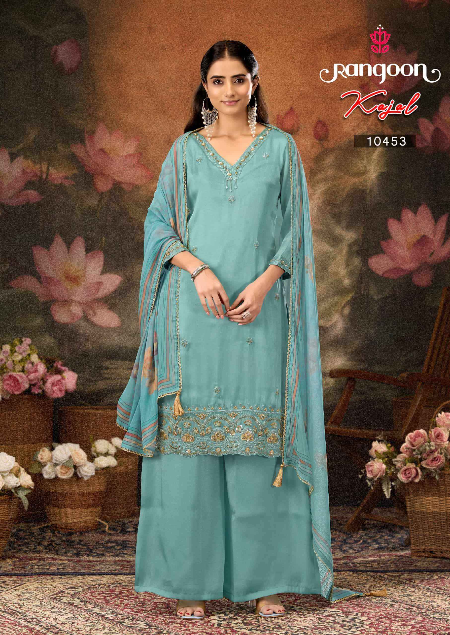 Rangoon Kajal Fancy 3 Piece Diver Palazzo Suit Wholesale Rate ( 4 Pcs Catalog )