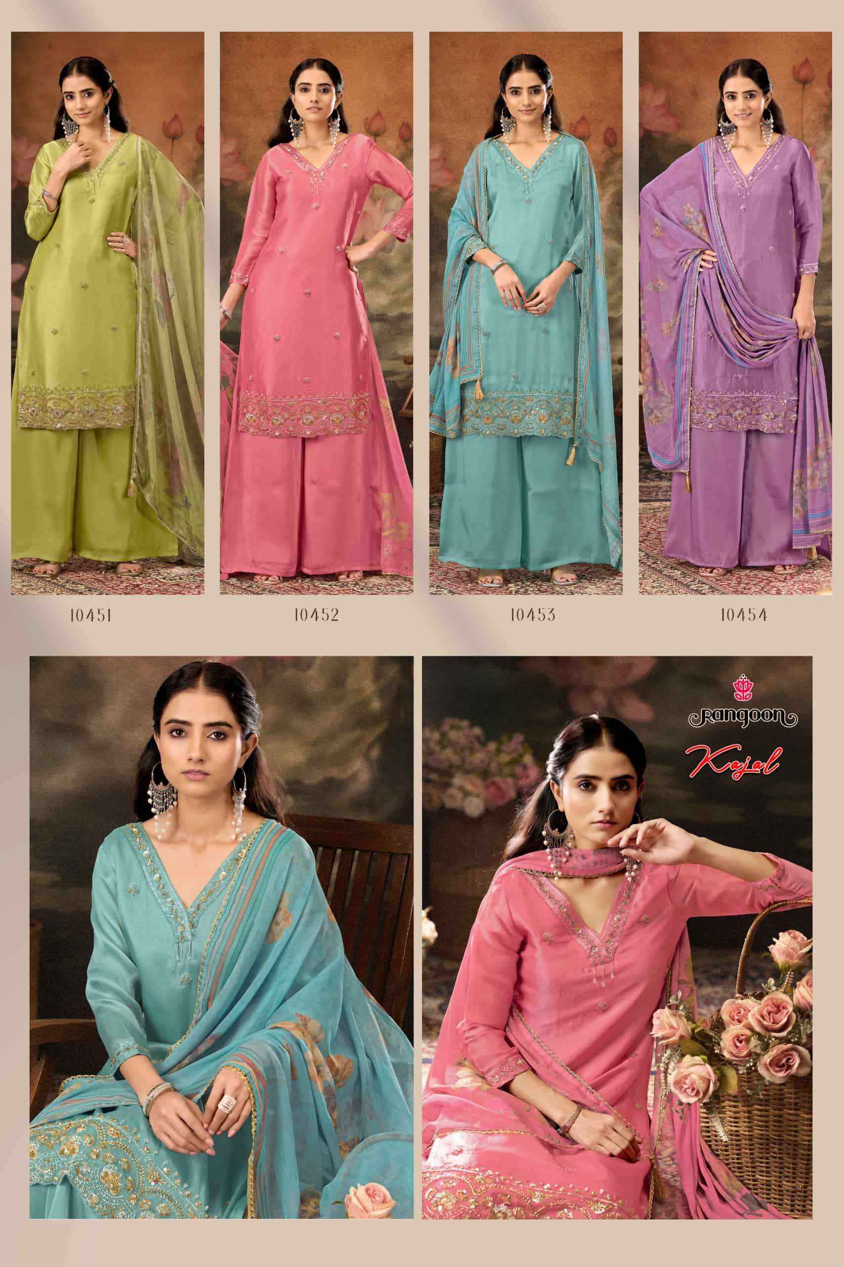 Rangoon Kajal Fancy 3 Piece Diver Palazzo Suit Wholesale Rate ( 4 Pcs Catalog )