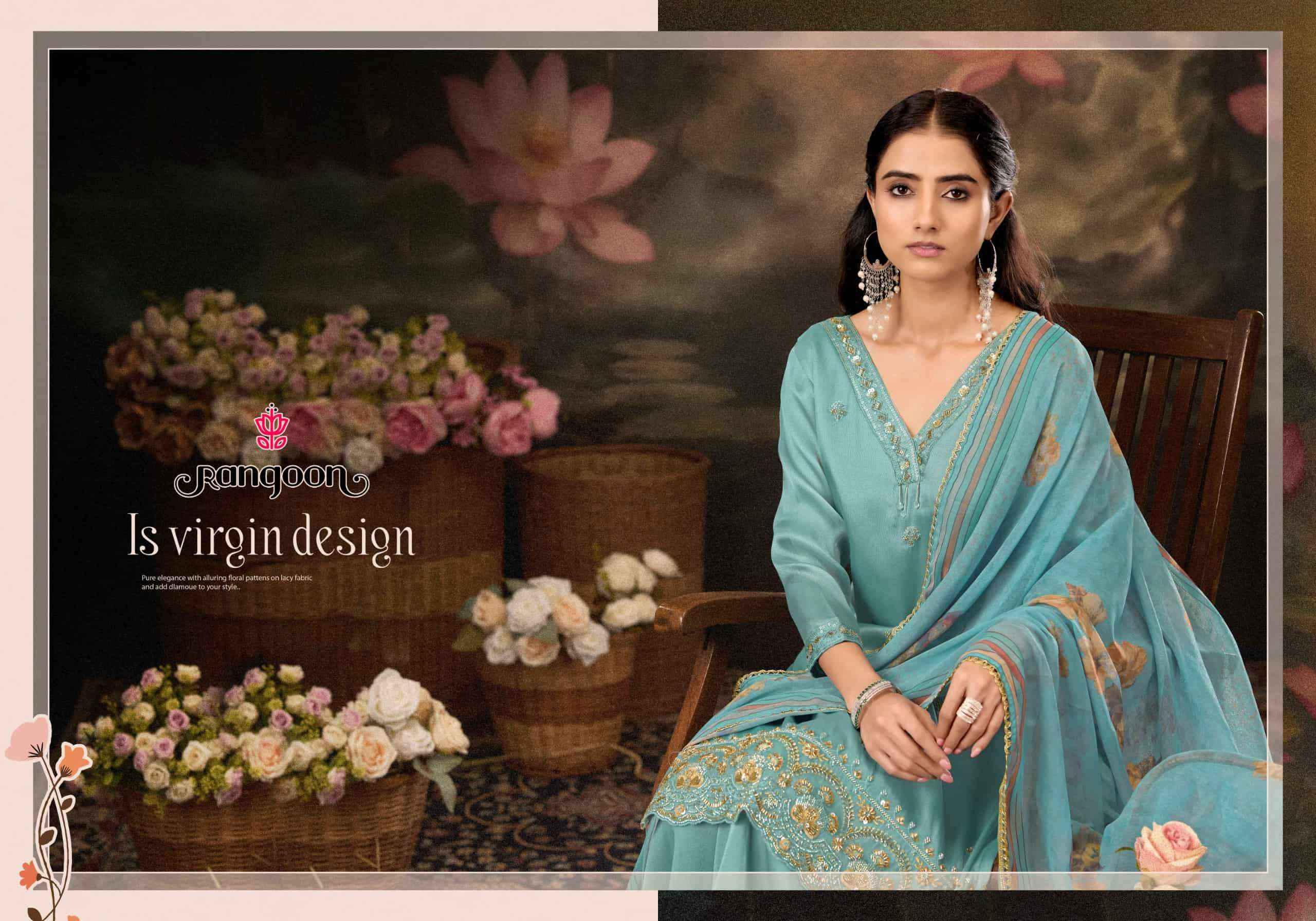 Rangoon Kajal Fancy 3 Piece Diver Palazzo Suit Wholesale Rate ( 4 Pcs Catalog )