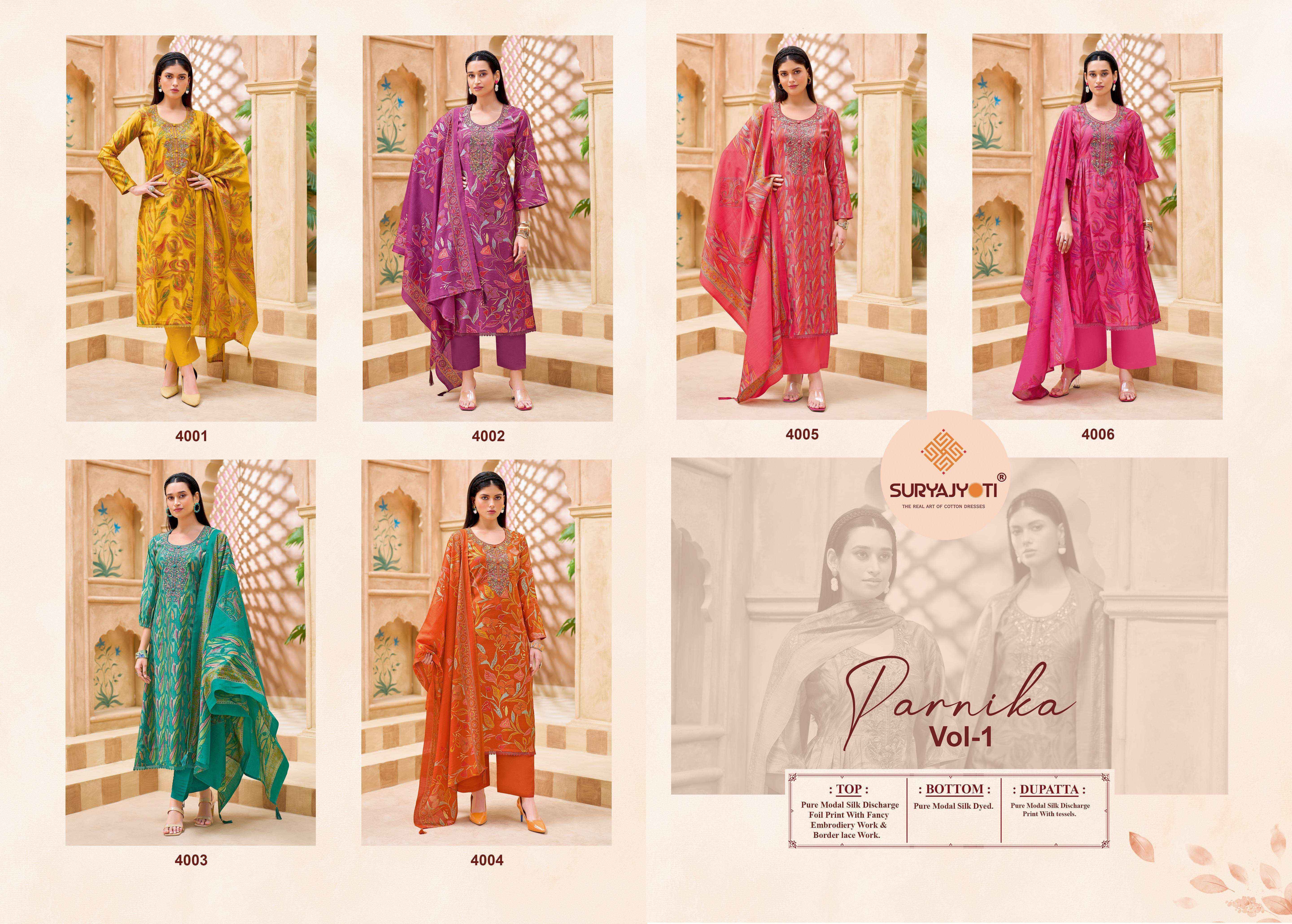 Suryajyoti Parnika Vol 1 Modal Silk Salwar Kameez Wholesale Rate ( 6 Pcs Catalog )