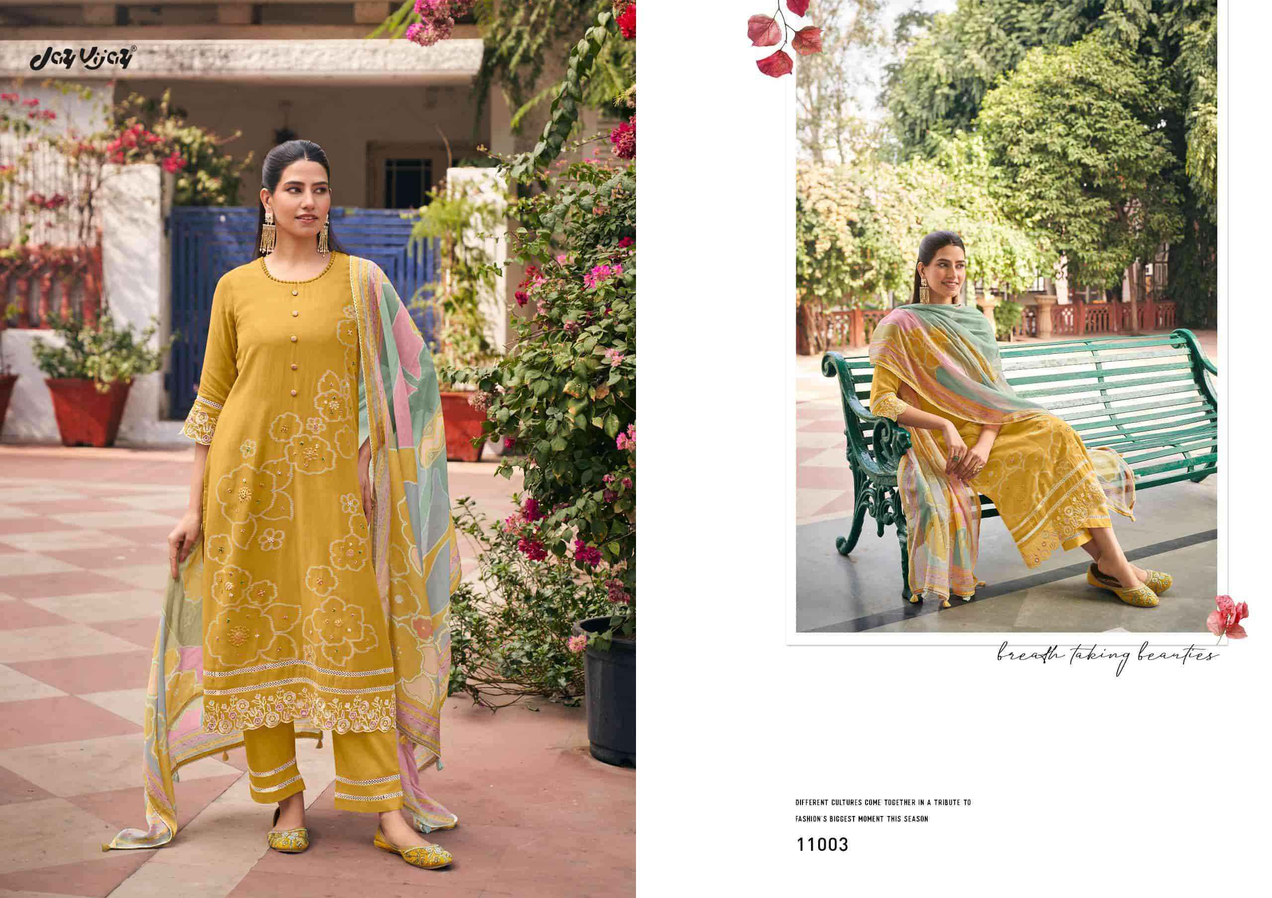 Jay Vijay Aankh Micholi Fancy Chanderi Jacquard Designer Suit Wholesale Rate ( 6 Pcs Catalog )