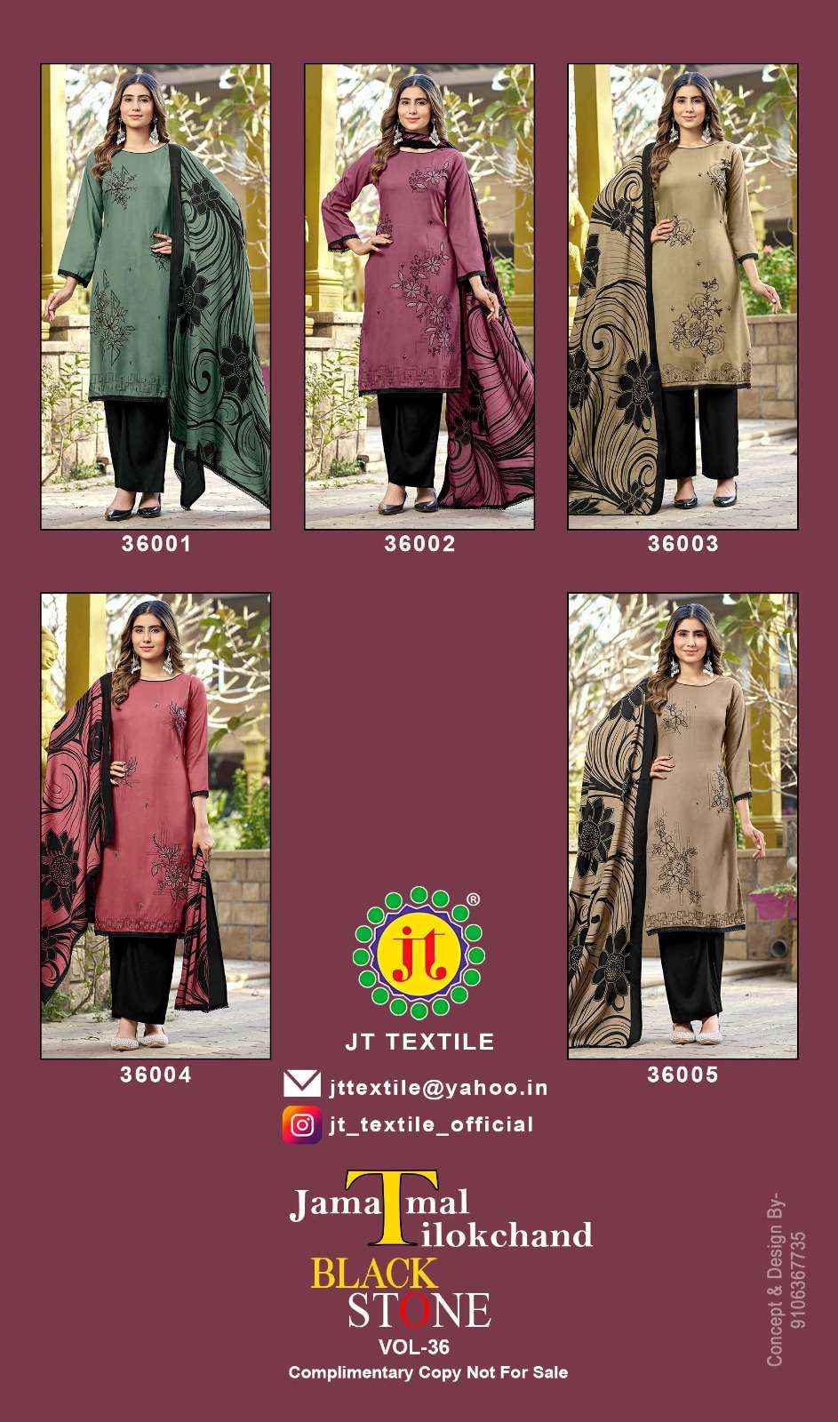 Jt Black Stone Vol 36 Premium Style Rayon Salwar Kameez Wholesale Rate ( 5 Pcs Catalog )