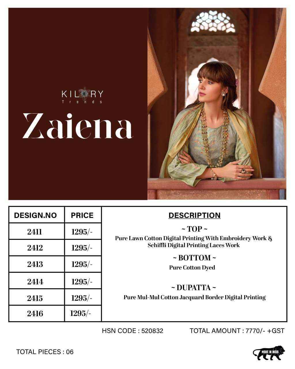 Kilory Trends Zaiena Lawn Cotton Salwar Kameez Wholesale Rate ( 6 Pcs Catalog )