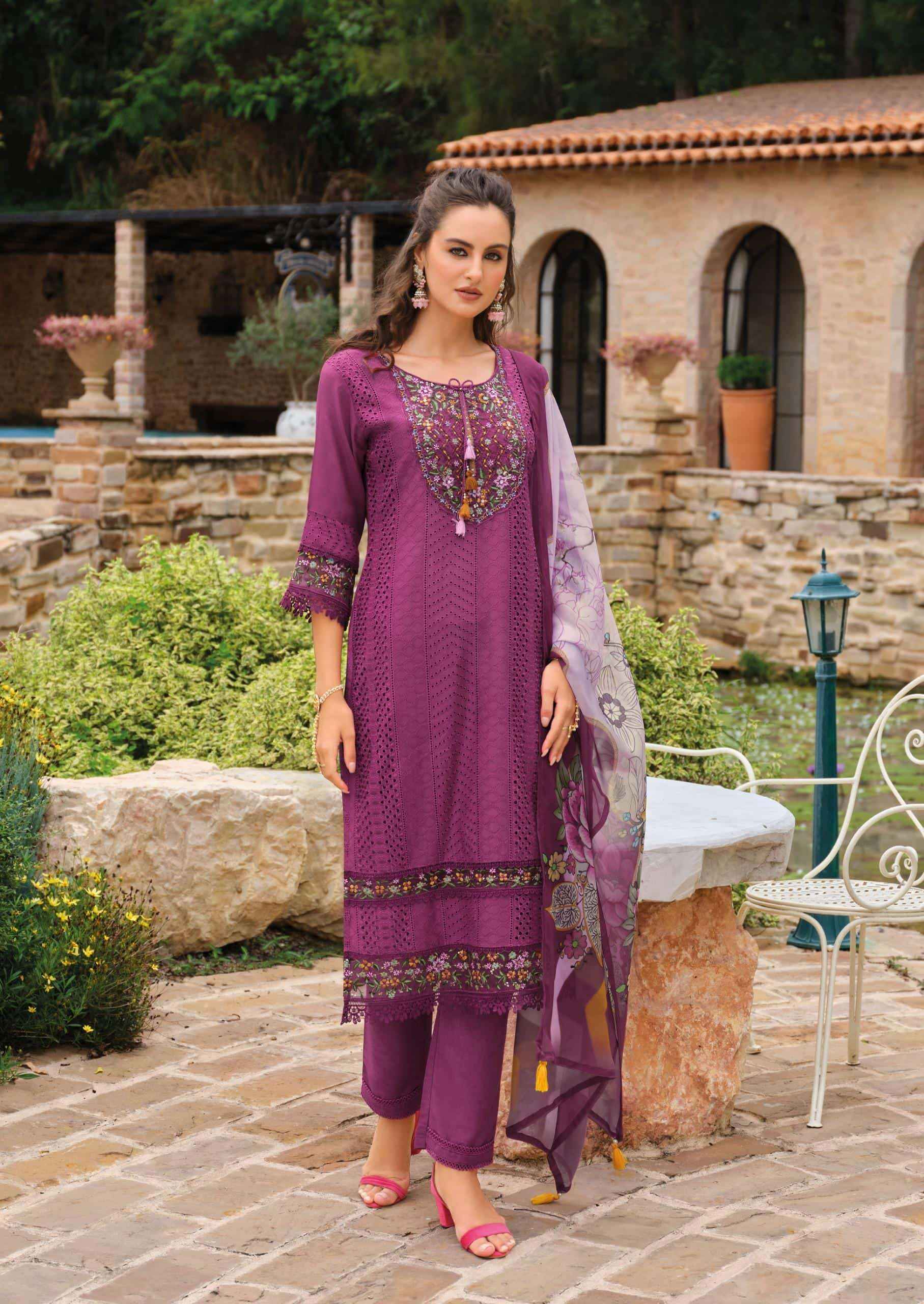 Lady Leela Izhaar Embroidery Ana Handwork on pure Muslin Schiffli Suits ( 6 Pcs Catalogue )
