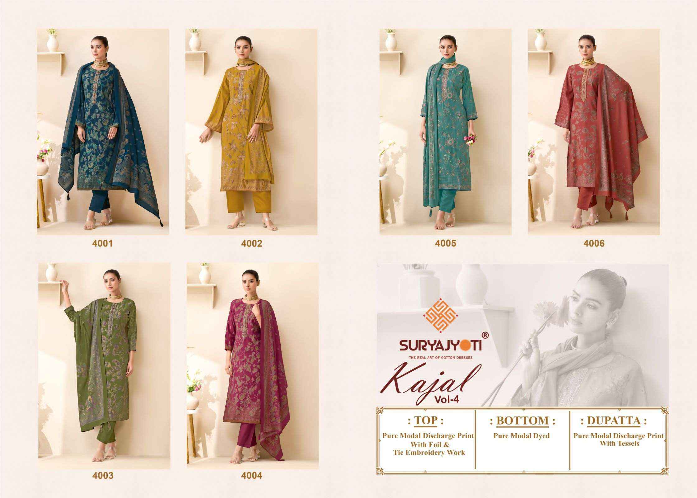 Suryajyoti Kajal Vol 4 Pure Modal Silk Ladies Suit Wholesale ( 6 Pcs Catalog )