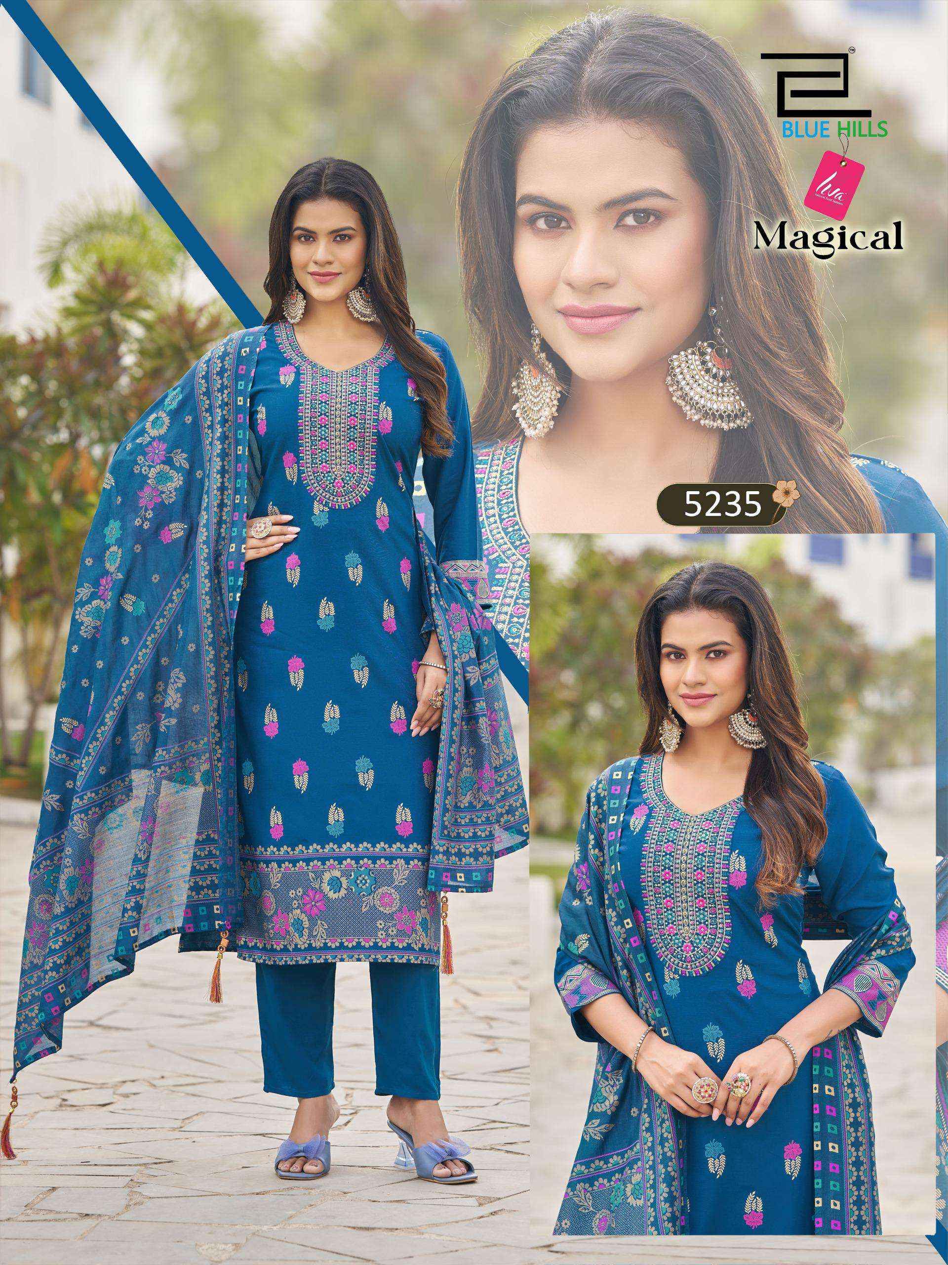 BLUE HILLS MAGICAL RAYON FANCY EMBROIDERY WORK LADIES 3 PCS SET WHOLESALE RATE ( 6 PCS CATALOG )