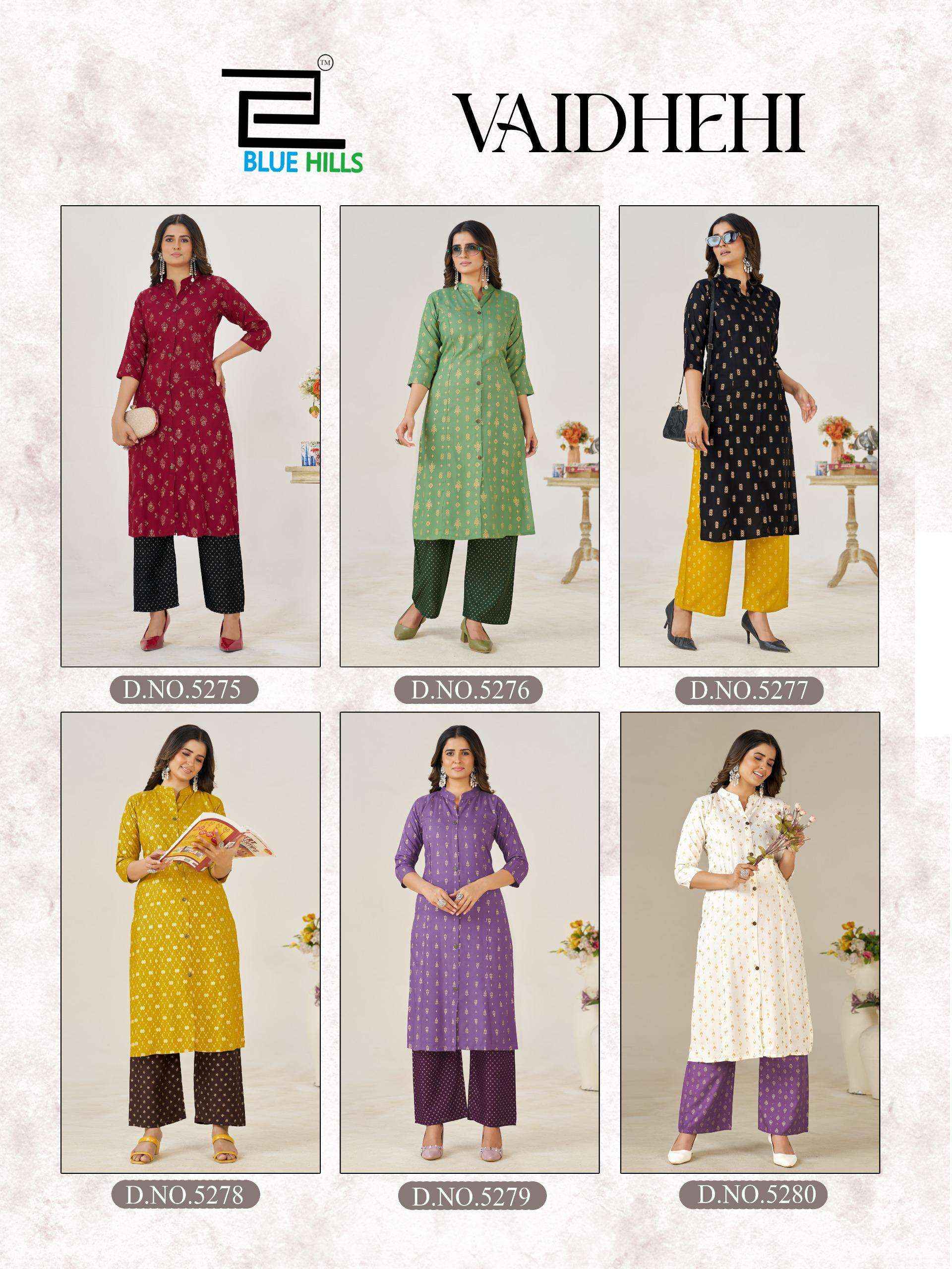 BLUE HILLS VAIDHEHI RAYON FOIL PRINT PRINCESS CUT STYLE KURTI WITH BOTTOM PAIR WHOLESALE RATE ( 6 PCS CATALOG )