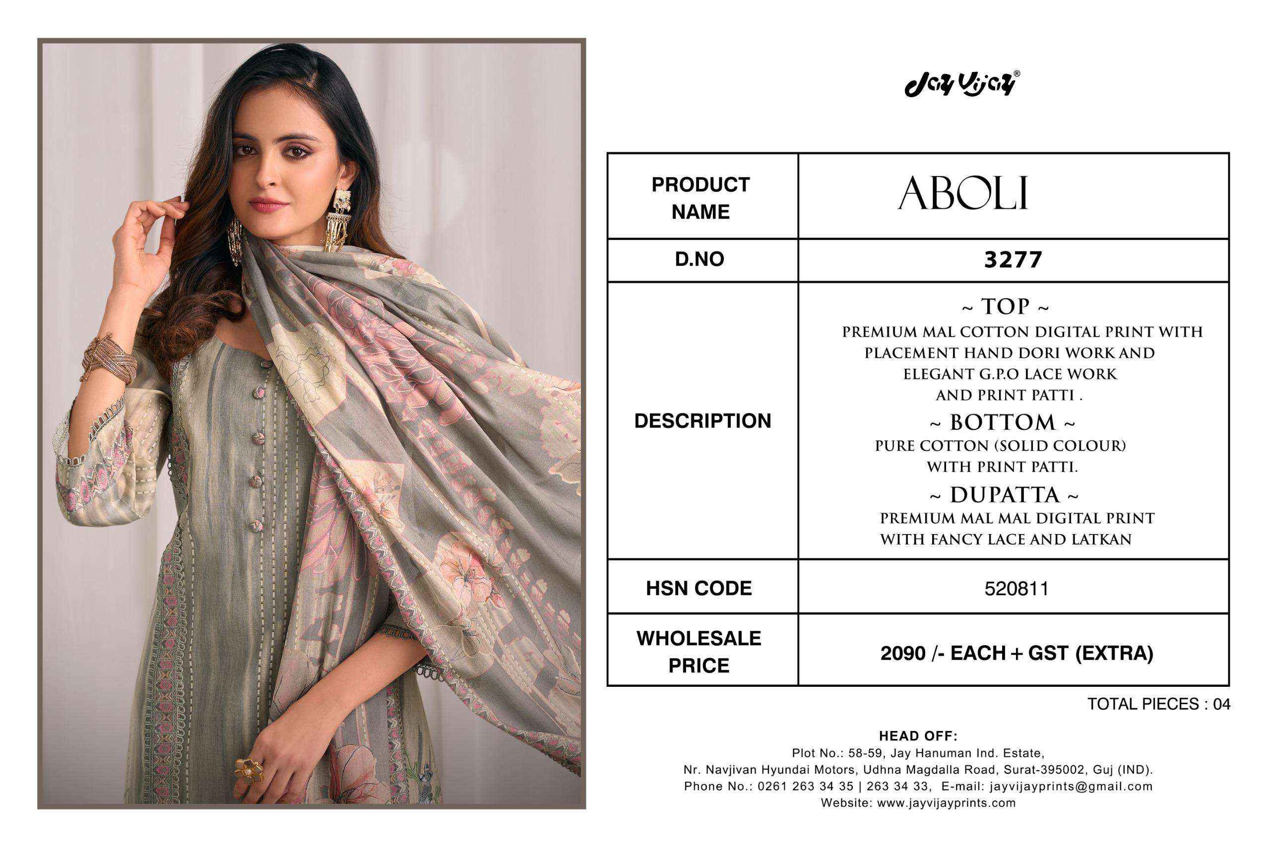 Jay Vijay Aboli 3277 Latest Designs Cotton Salwar Kameez Wholesale Rate ( 4 Pcs Catalog )